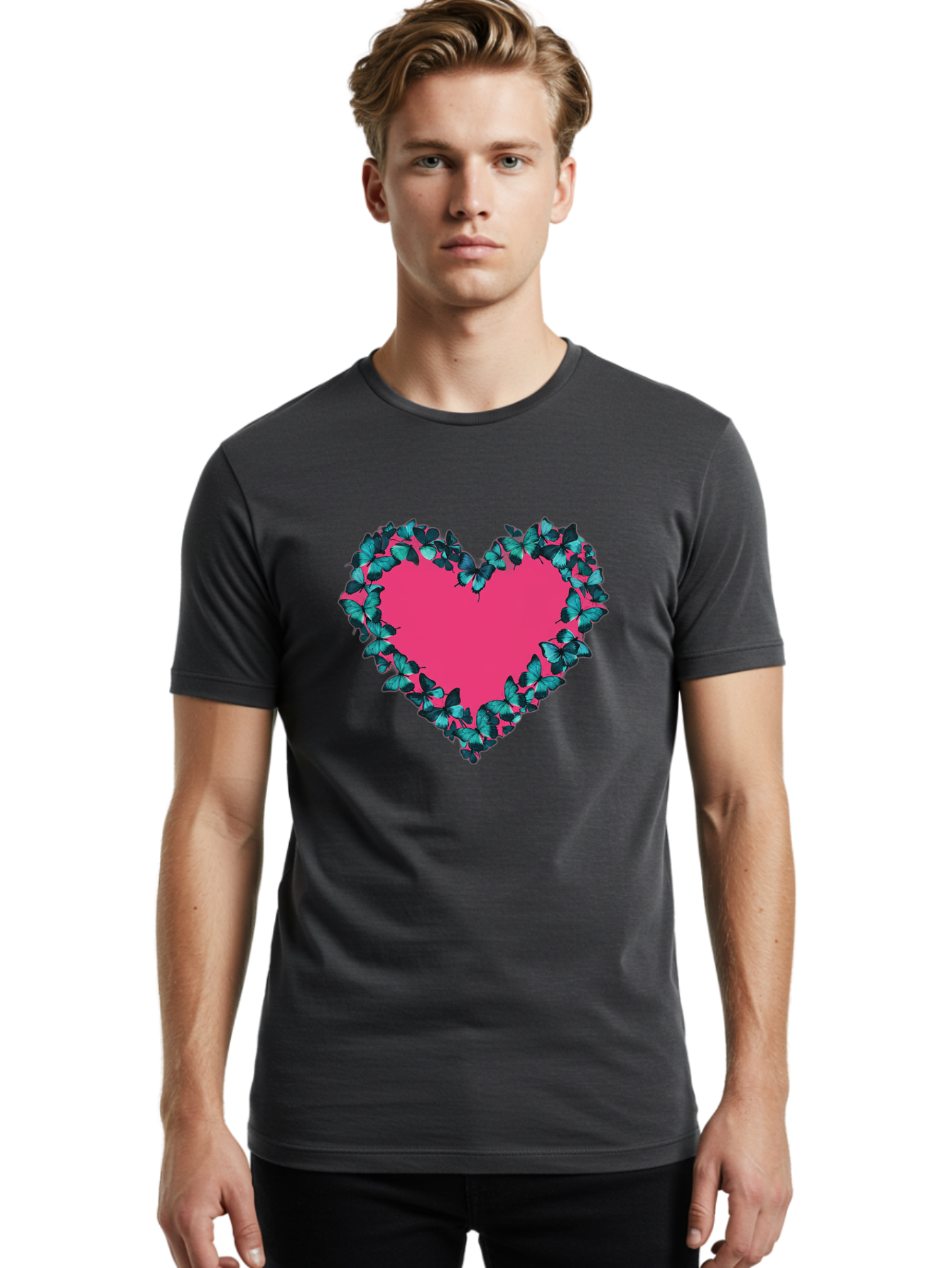Heart-Surrounded-By-Butterflies Men'S Graphic Tee, 100% Cotton, Comfortable Casual Summer Wear, Machine Washable, Vintage Camera, Old Camera, Antique Camera, Black Camera, Classic Photography, Photography Equipment, Nostalgic Device, Baj494