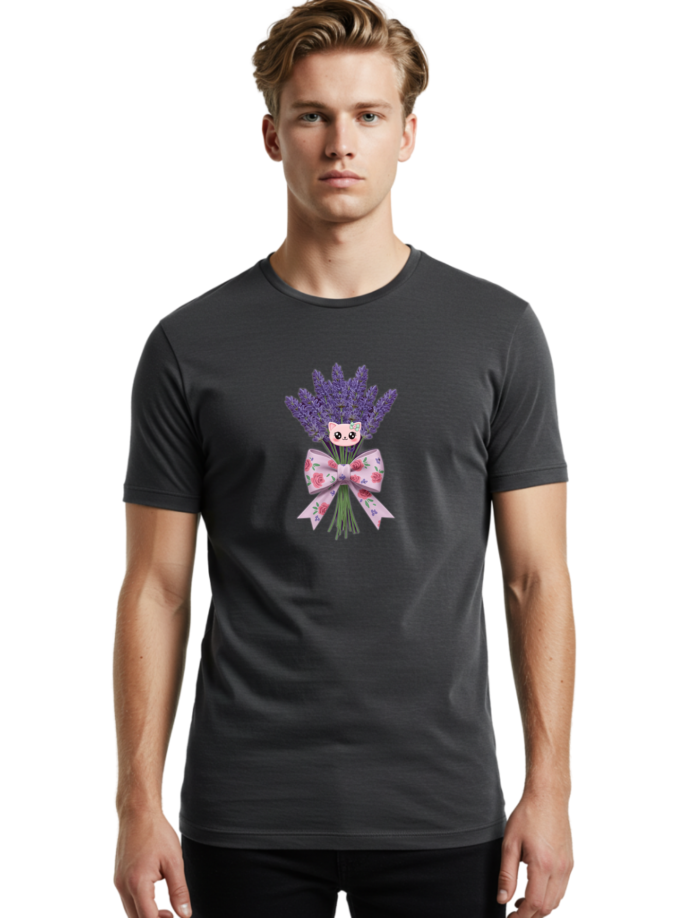 Lavender-Bouquet-With-Cat-Face Men'S Graphic Tee, 100% Cotton, Comfortable Casual Summer Wear, Machine Washable, Vintage Camera, Old Camera, Antique Camera, Black Camera, Classic Photography, Photography Equipment, Nostalgic Device, Baj559
