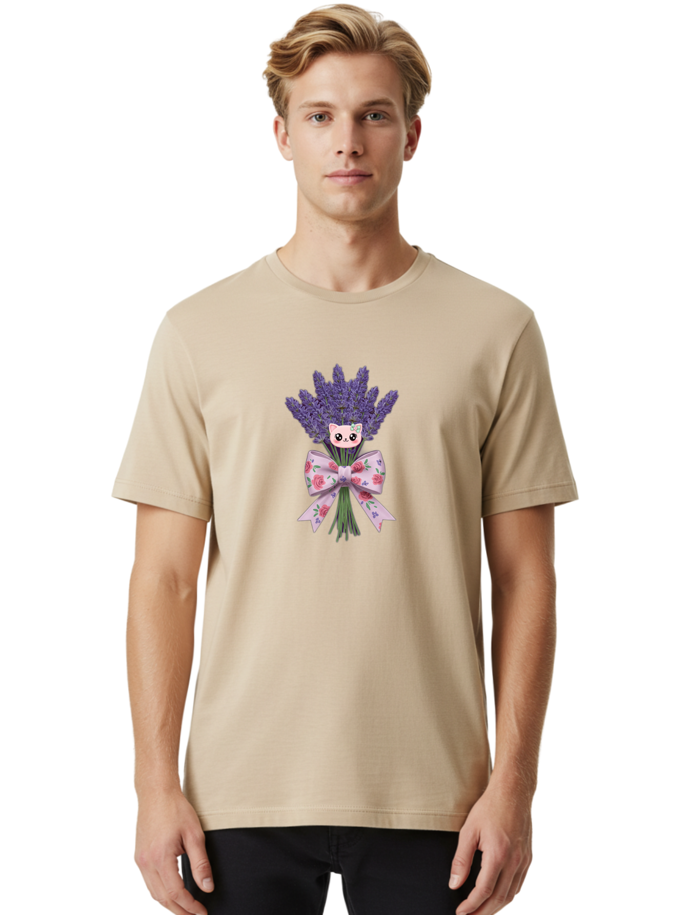 Lavender-Bouquet-With-Cat-Face Men'S Graphic Tee, 100% Cotton, Comfortable Casual Summer Wear, Machine Washable, Vintage Camera, Old Camera, Antique Camera, Black Camera, Classic Photography, Photography Equipment, Nostalgic Device, Baj559