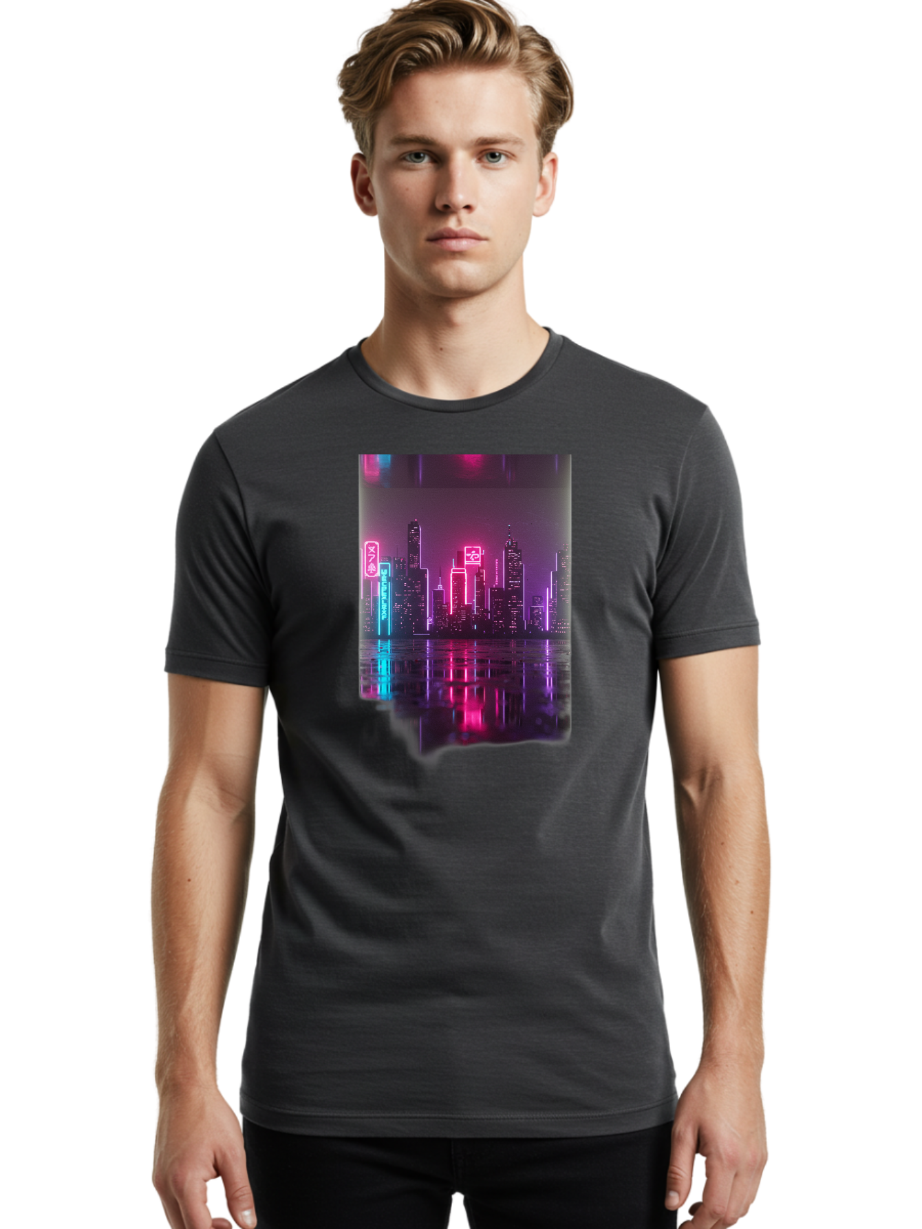 Neon-Cityscape Men'S Graphic Tee, 100% Cotton, Comfortable Casual Summer Wear, Machine Washable, Vintage Camera, Old Camera, Antique Camera, Black Camera, Classic Photography, Photography Equipment, Nostalgic Device, Film Camera, Camera Art Baj596
