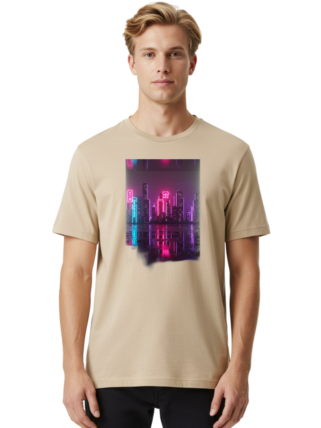 Neon-Cityscape Men'S Graphic Tee, 100% Cotton, Comfortable Casual Summer Wear, Machine Washable, Vintage Camera, Old Camera, Antique Camera, Black Camera, Classic Photography, Photography Equipment, Nostalgic Device, Film Camera, Camera Art Baj596