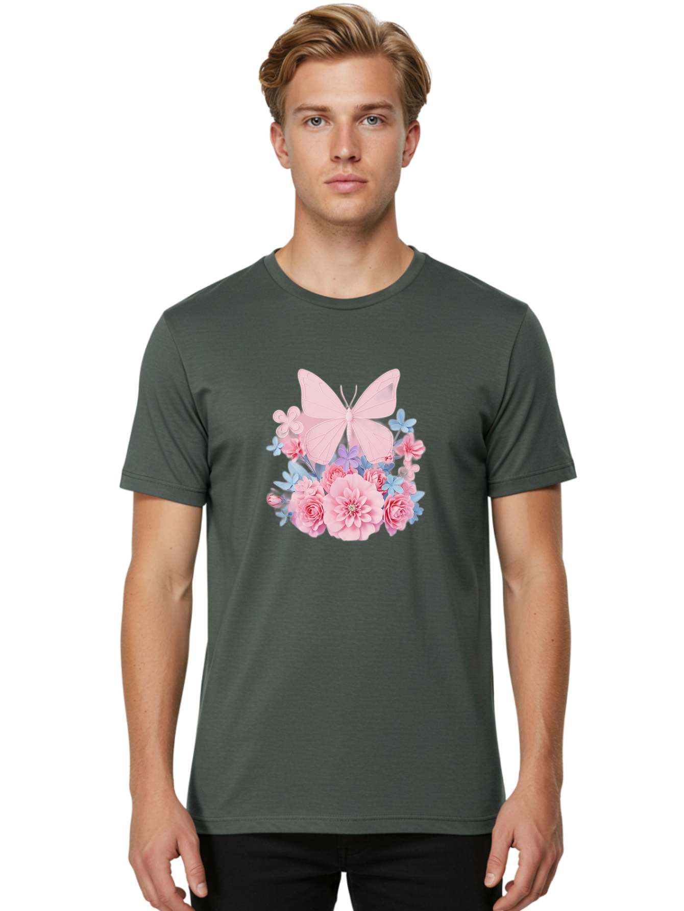 Pink-Butterfly-And-Flowers Men'S Graphic Tee, 100% Cotton, Comfortable Casual Summer Wear, Machine Washable, Vintage Camera, Old Camera, Antique Camera, Black Camera, Classic Photography, Photography Equipment, Nostalgic Device, Film Camera, Baj659