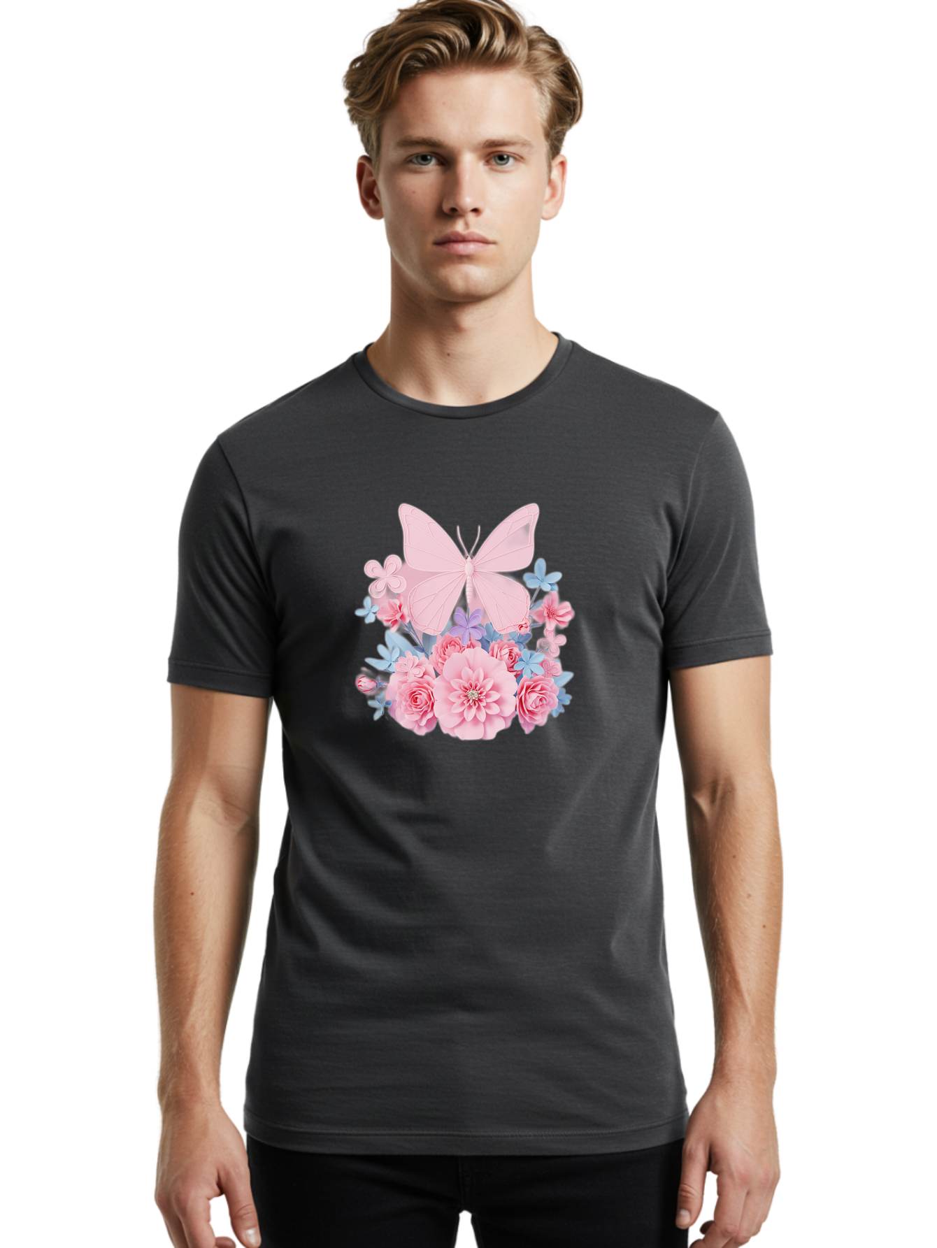 Pink-Butterfly-And-Flowers Men'S Graphic Tee, 100% Cotton, Comfortable Casual Summer Wear, Machine Washable, Vintage Camera, Old Camera, Antique Camera, Black Camera, Classic Photography, Photography Equipment, Nostalgic Device, Film Camera, Baj659