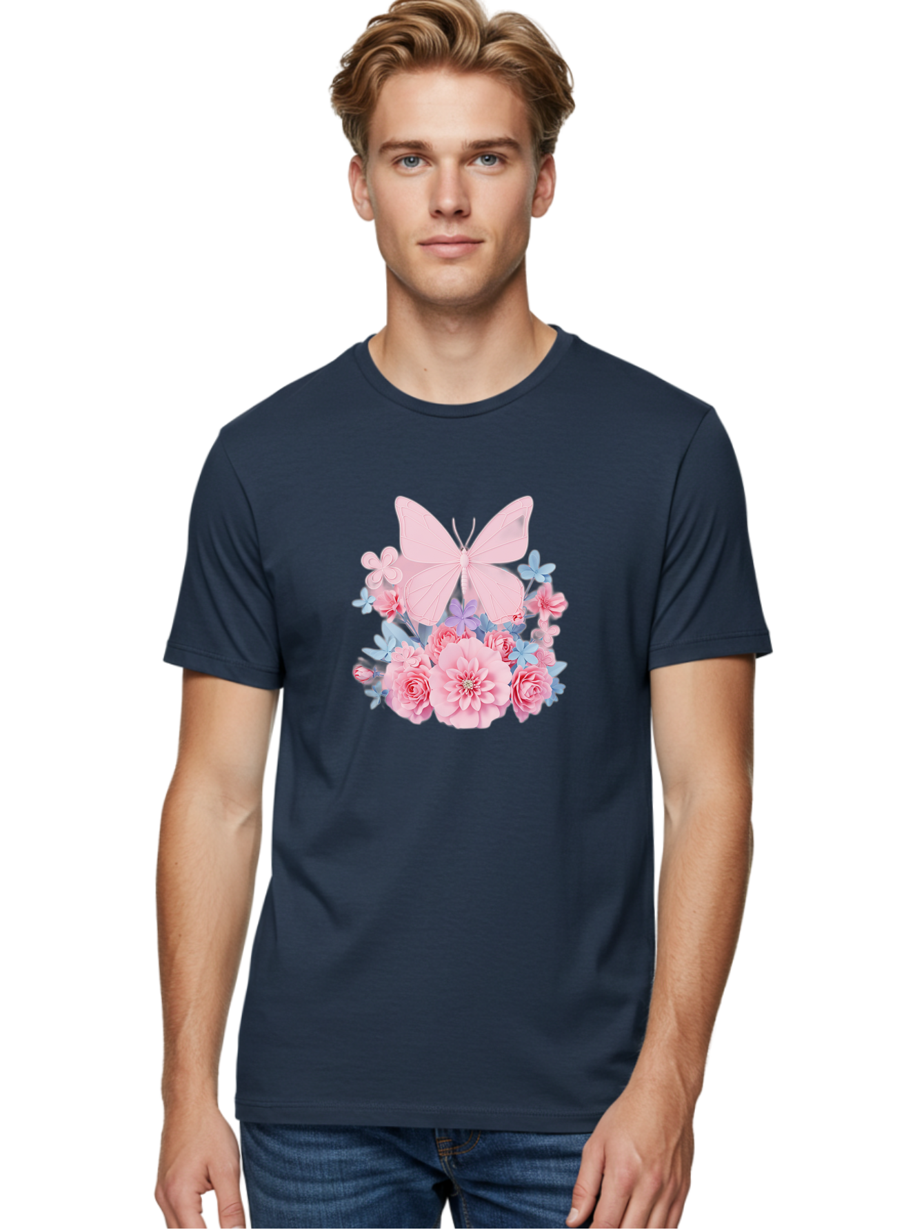 Pink-Butterfly-And-Flowers Men'S Graphic Tee, 100% Cotton, Comfortable Casual Summer Wear, Machine Washable, Vintage Camera, Old Camera, Antique Camera, Black Camera, Classic Photography, Photography Equipment, Nostalgic Device, Film Camera, Baj659