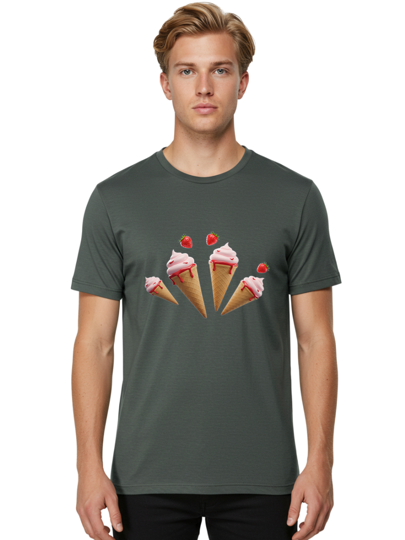 Strawberry-Ice-Cream-Cones-2 Men'S Graphic Tee, 100% Cotton, Comfortable Casual Summer Wear, Machine Washable, Vintage Camera, Old Camera, Antique Camera, Black Camera, Classic Photography, Photography Equipment, Nostalgic Device, Film Camera, Baj804