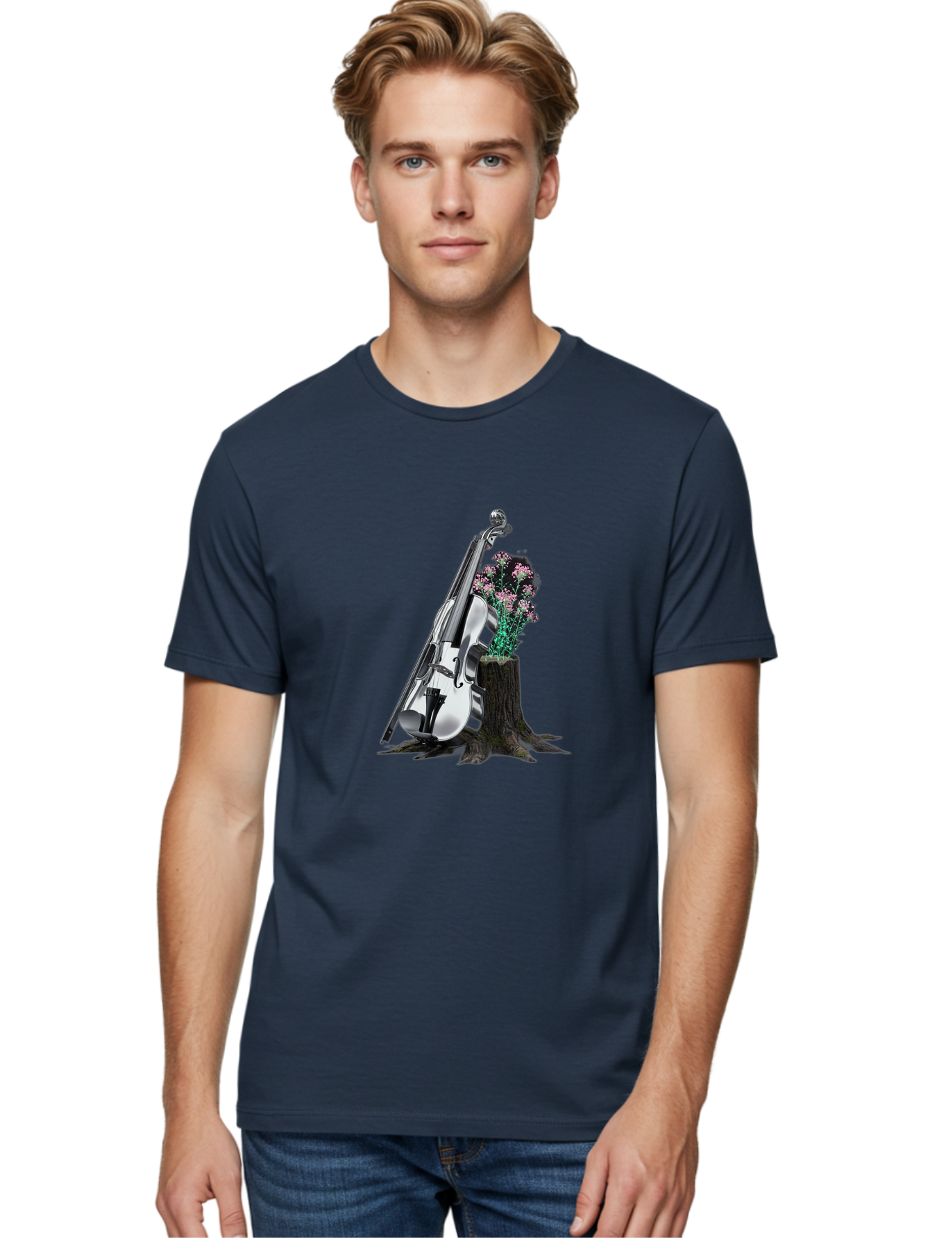 Violin-On-Tree-Stump-1 Men'S Graphic Tee, 100% Cotton, Comfortable Casual Summer Wear, Machine Washable, Vintage Camera, Old Camera, Antique Camera, Black Camera, Classic Photography, Photography Equipment, Nostalgic Device, Film Camera, Baj851