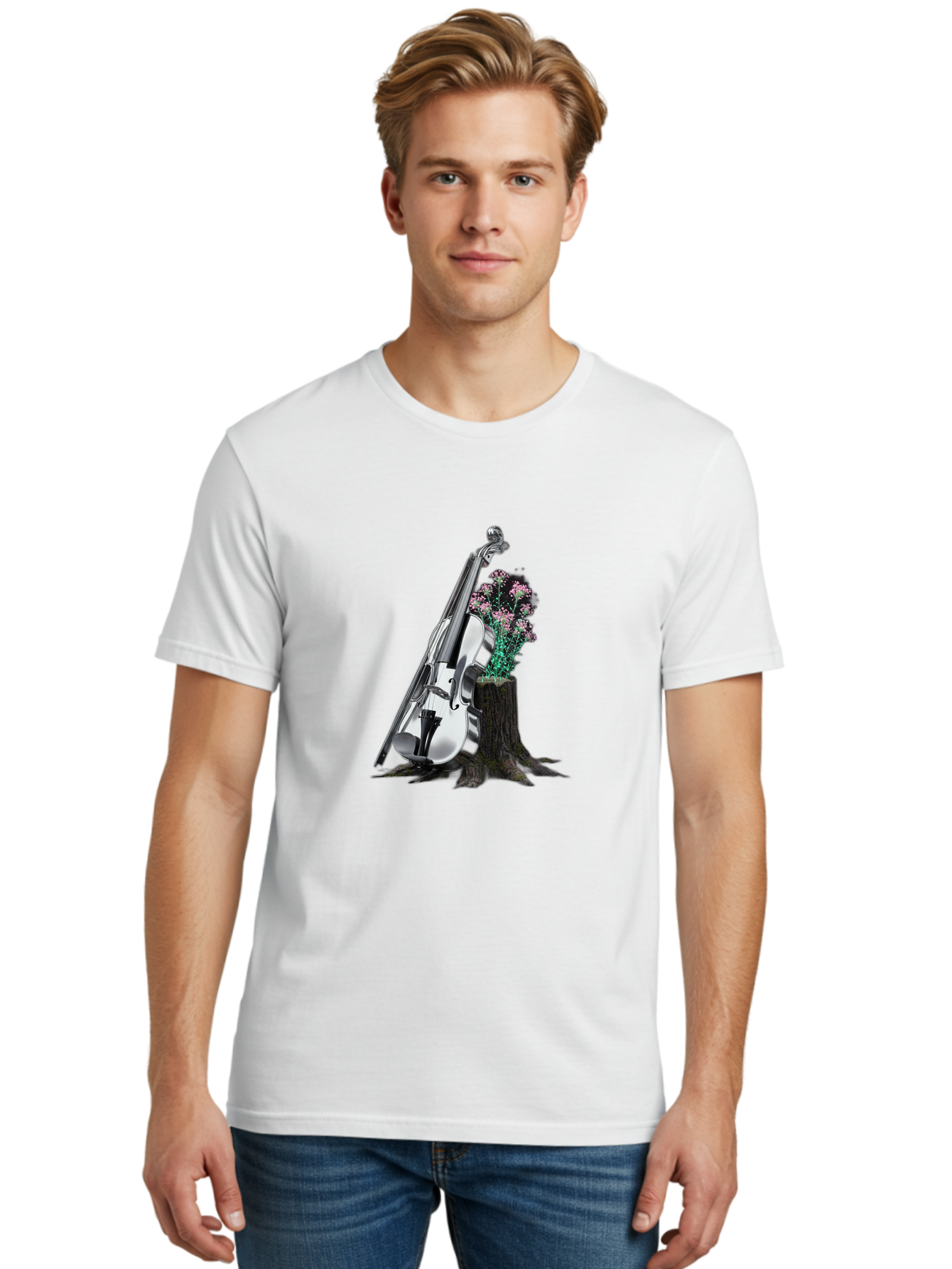 Violin-On-Tree-Stump-1 Men'S Graphic Tee, 100% Cotton, Comfortable Casual Summer Wear, Machine Washable, Vintage Camera, Old Camera, Antique Camera, Black Camera, Classic Photography, Photography Equipment, Nostalgic Device, Film Camera, Baj851