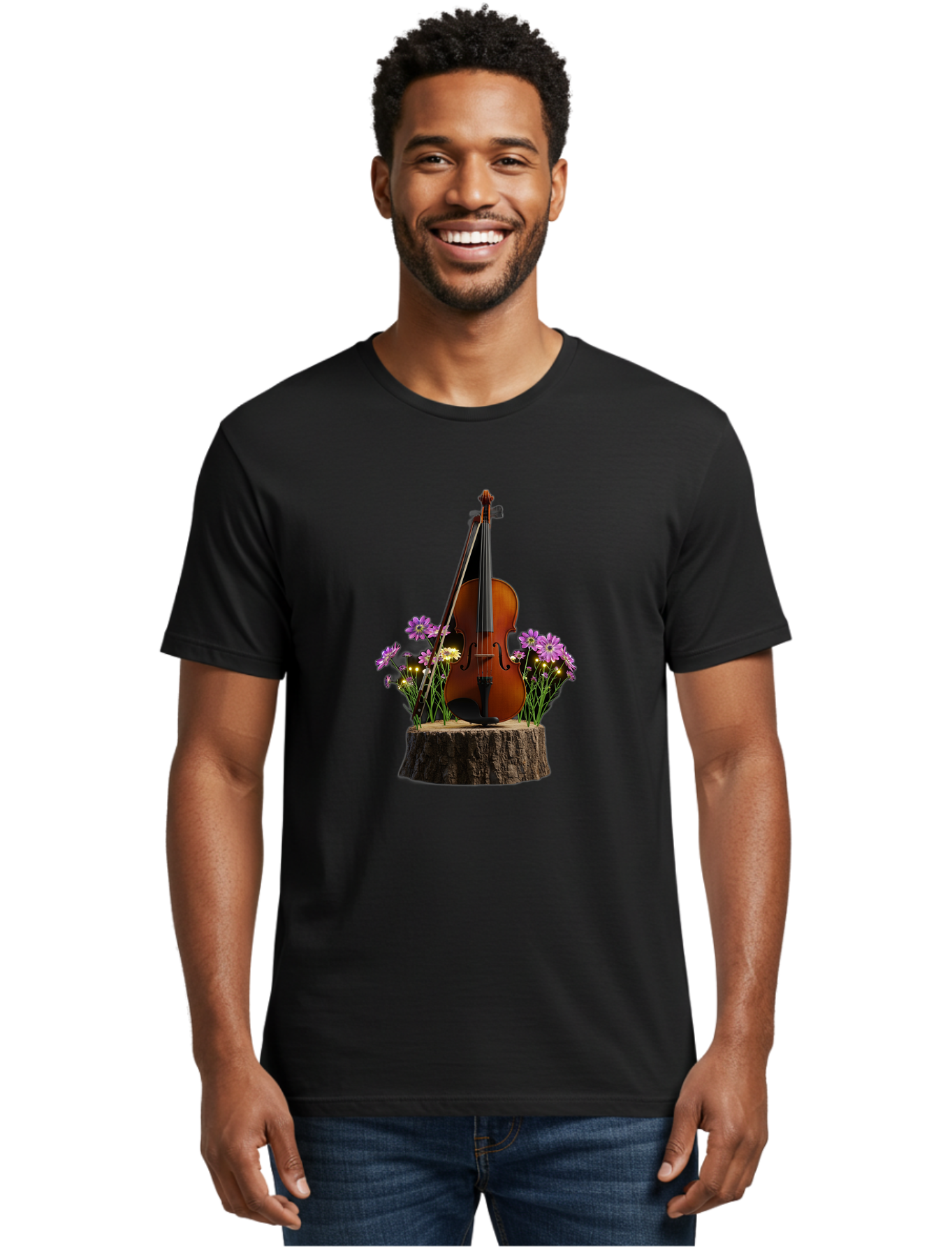 Violin-On-Tree-Stump-2 Men'S Graphic Tee, 100% Cotton, Comfortable Casual Summer Wear, Machine Washable, Vintage Camera, Old Camera, Antique Camera, Black Camera, Classic Photography, Photography Equipment, Nostalgic Device, Film Camera, Baj852