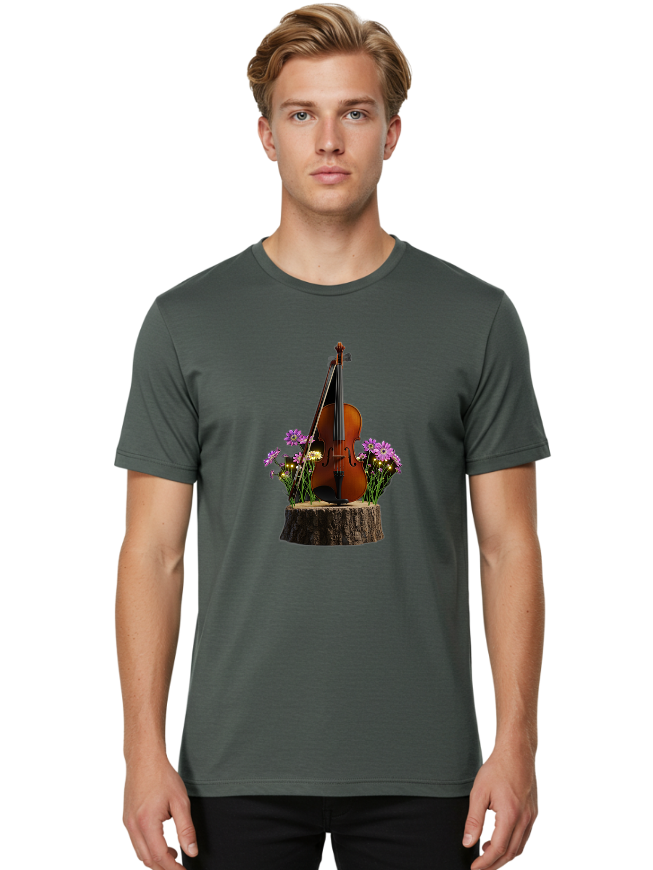 Violin-On-Tree-Stump-2 Men'S Graphic Tee, 100% Cotton, Comfortable Casual Summer Wear, Machine Washable, Vintage Camera, Old Camera, Antique Camera, Black Camera, Classic Photography, Photography Equipment, Nostalgic Device, Film Camera, Baj852