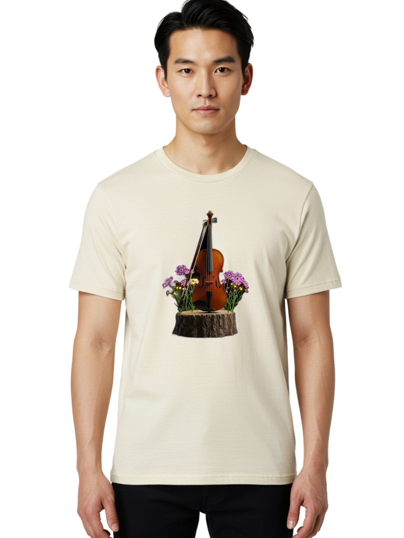 Violin-On-Tree-Stump-2 Men'S Graphic Tee, 100% Cotton, Comfortable Casual Summer Wear, Machine Washable, Vintage Camera, Old Camera, Antique Camera, Black Camera, Classic Photography, Photography Equipment, Nostalgic Device, Film Camera, Baj852