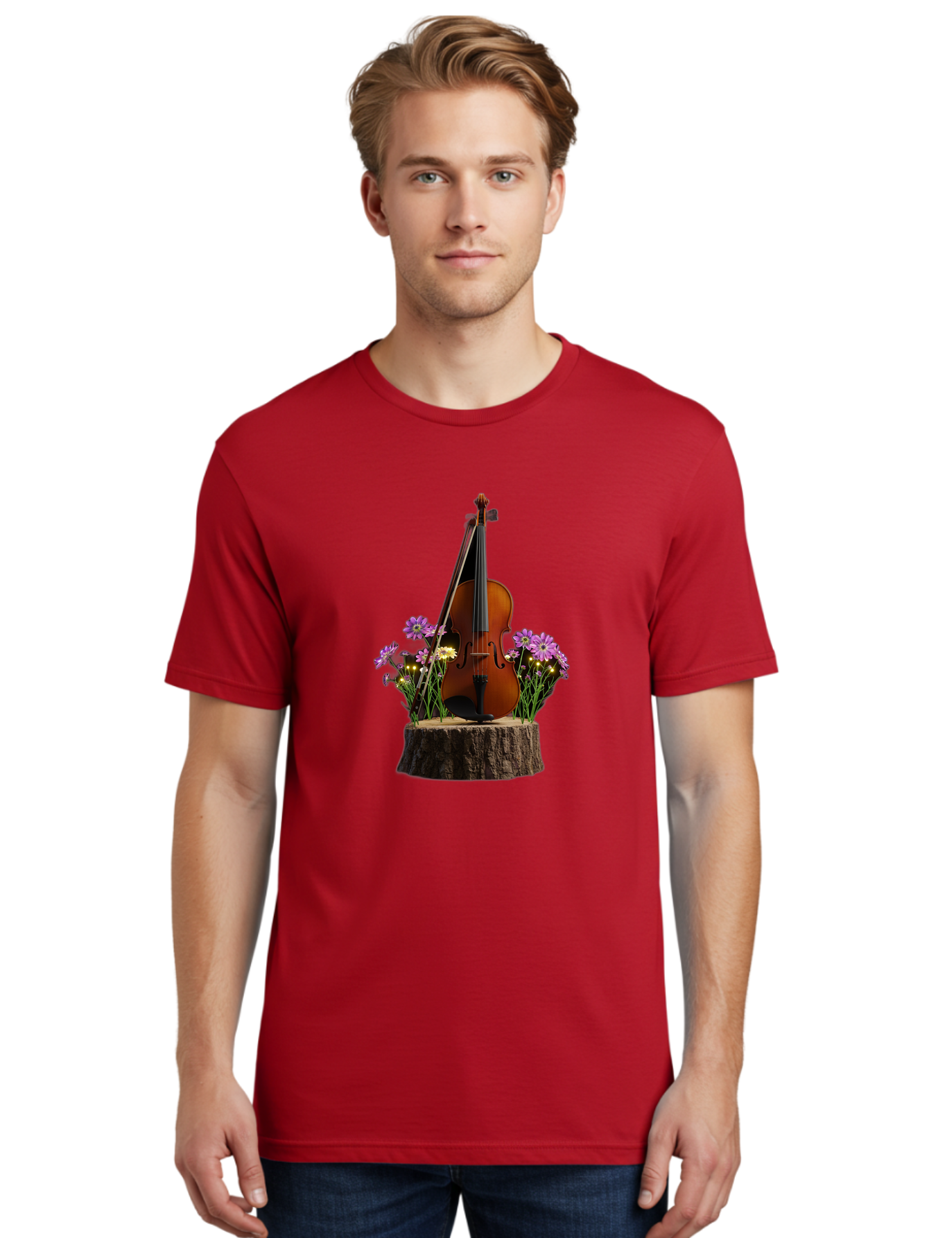 Violin-On-Tree-Stump-2 Men'S Graphic Tee, 100% Cotton, Comfortable Casual Summer Wear, Machine Washable, Vintage Camera, Old Camera, Antique Camera, Black Camera, Classic Photography, Photography Equipment, Nostalgic Device, Film Camera, Baj852