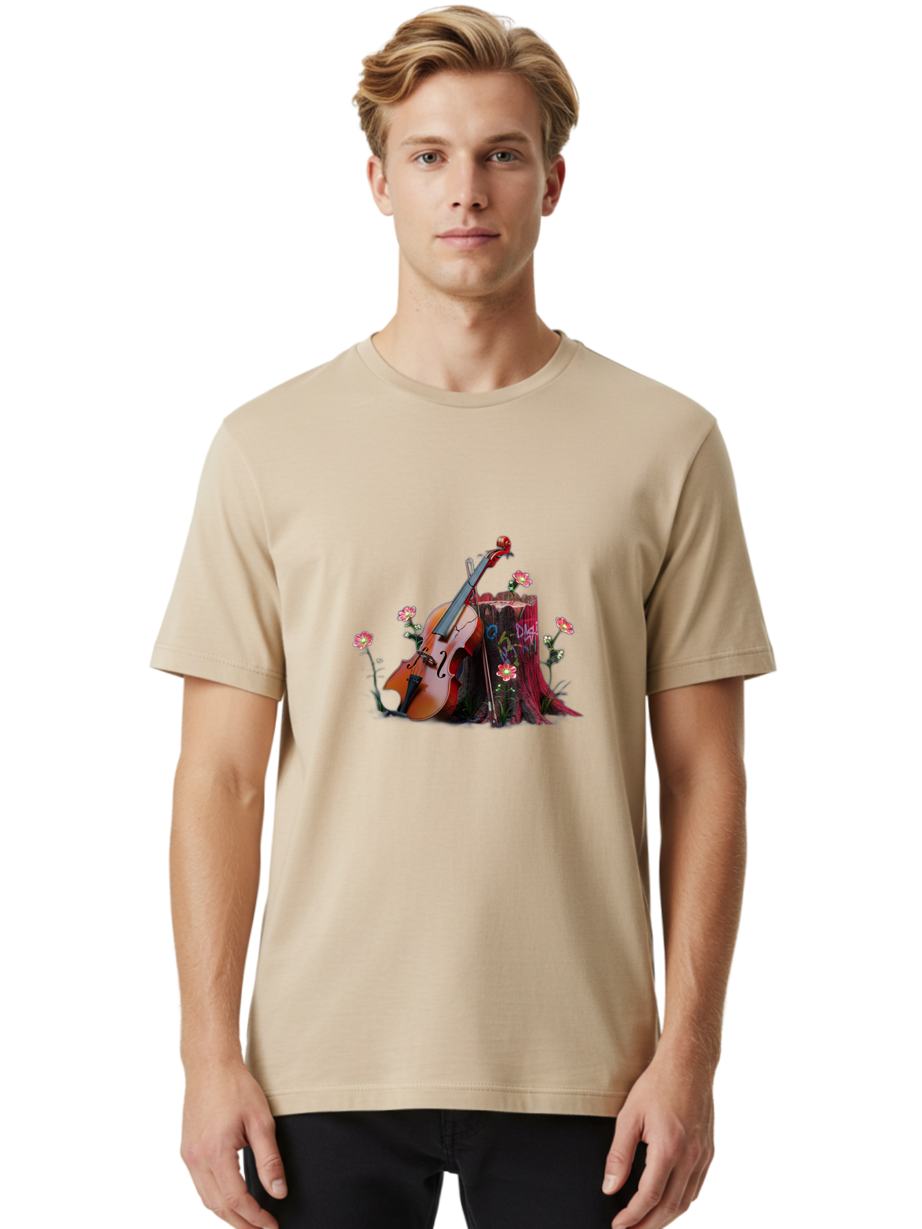 Violin-On-Tree-Stump-5 Men'S Graphic Tee, 100% Cotton, Comfortable Casual Summer Wear, Machine Washable, Vintage Camera, Old Camera, Antique Camera, Black Camera, Classic Photography, Photography Equipment, Nostalgic Device, Film Camera, Baj855