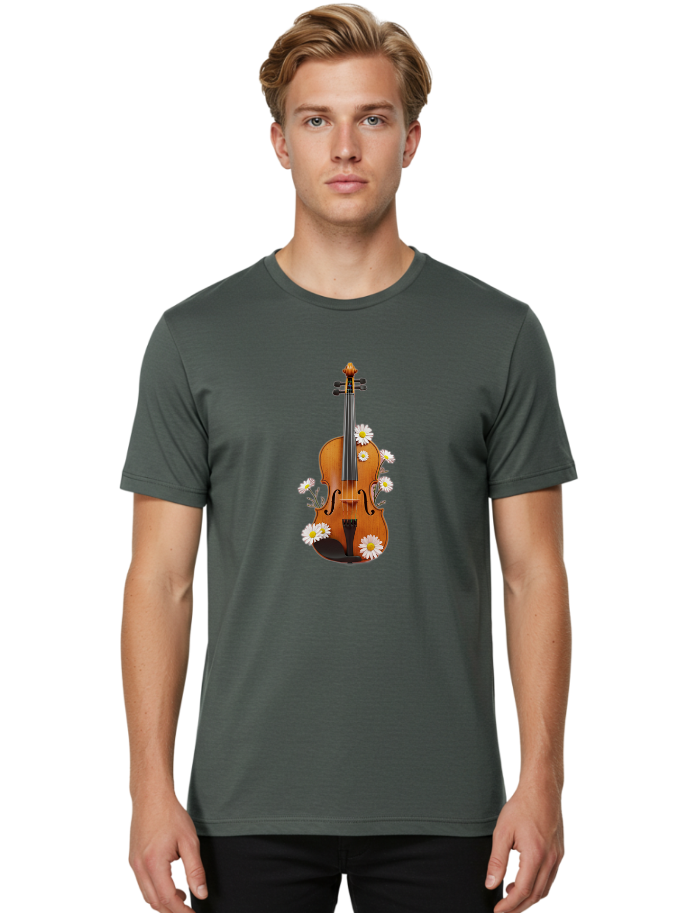 Violin-With-Daisies-1 Men'S Graphic Tee, 100% Cotton, Comfortable Casual Summer Wear, Machine Washable, Vintage Camera, Old Camera, Antique Camera, Black Camera, Classic Photography, Photography Equipment, Nostalgic Device, Film Camera, Baj858