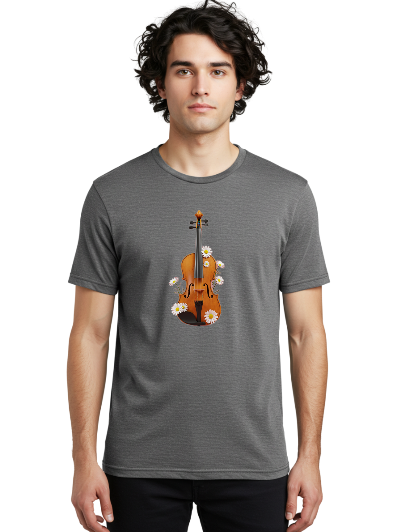 Violin-With-Daisies-1 Men'S Graphic Tee, 100% Cotton, Comfortable Casual Summer Wear, Machine Washable, Vintage Camera, Old Camera, Antique Camera, Black Camera, Classic Photography, Photography Equipment, Nostalgic Device, Film Camera, Baj858