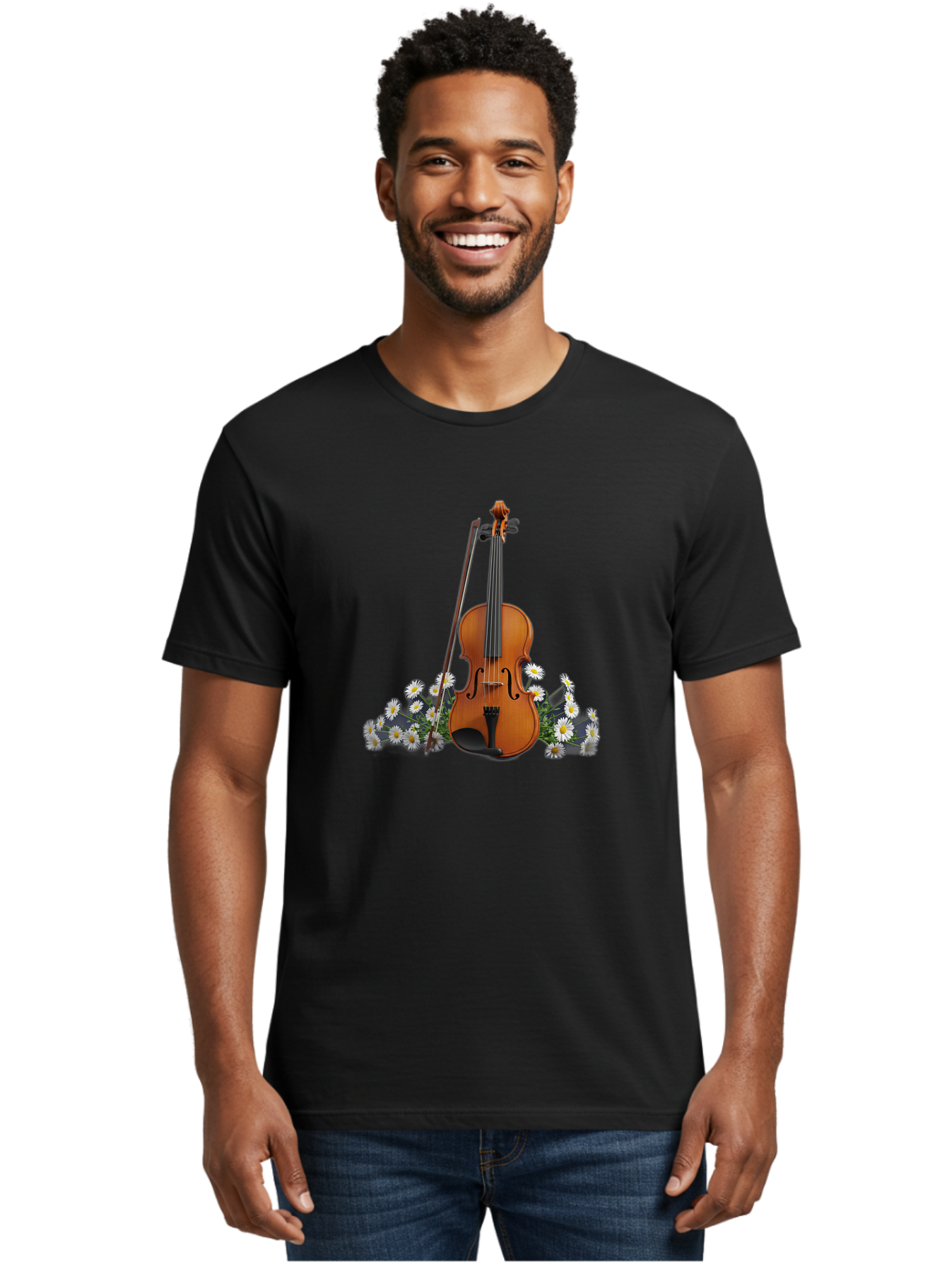 Violin-With-Daisies-2 Men'S Graphic Tee, 100% Cotton, Comfortable Casual Summer Wear, Machine Washable, Vintage Camera, Old Camera, Antique Camera, Black Camera, Classic Photography, Photography Equipment, Nostalgic Device, Film Camera, Baj859