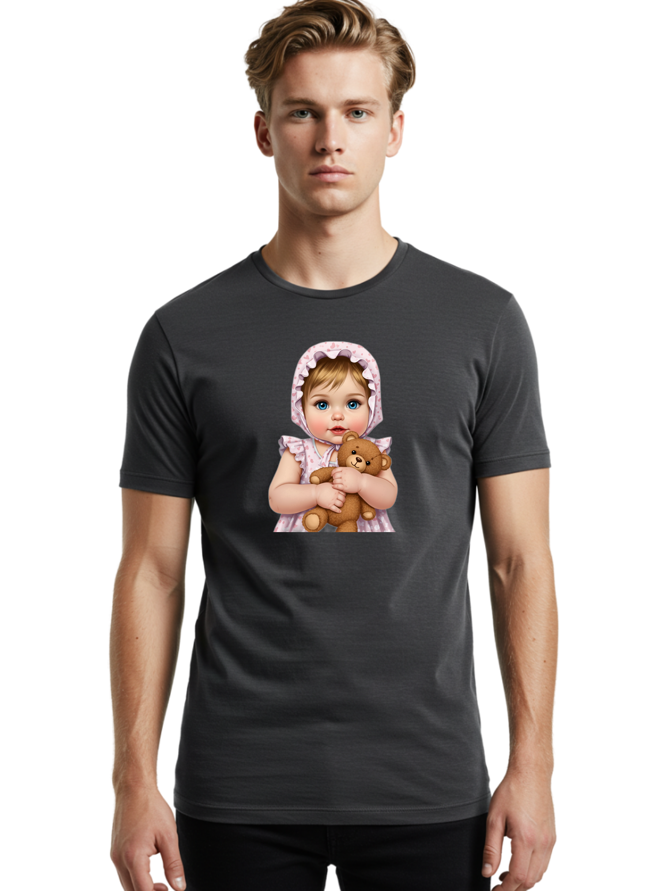 Baby-Girl-Hugging-Teddy Men'S Graphic Tee, 100% Cotton, Comfortable Casual Summer Wear, Machine Washable, Vintage Camera, Old Camera, Antique Camera, Black Camera, Classic Photography, Photography Equipment, Nostalgic Device, Film Camera, Bak007