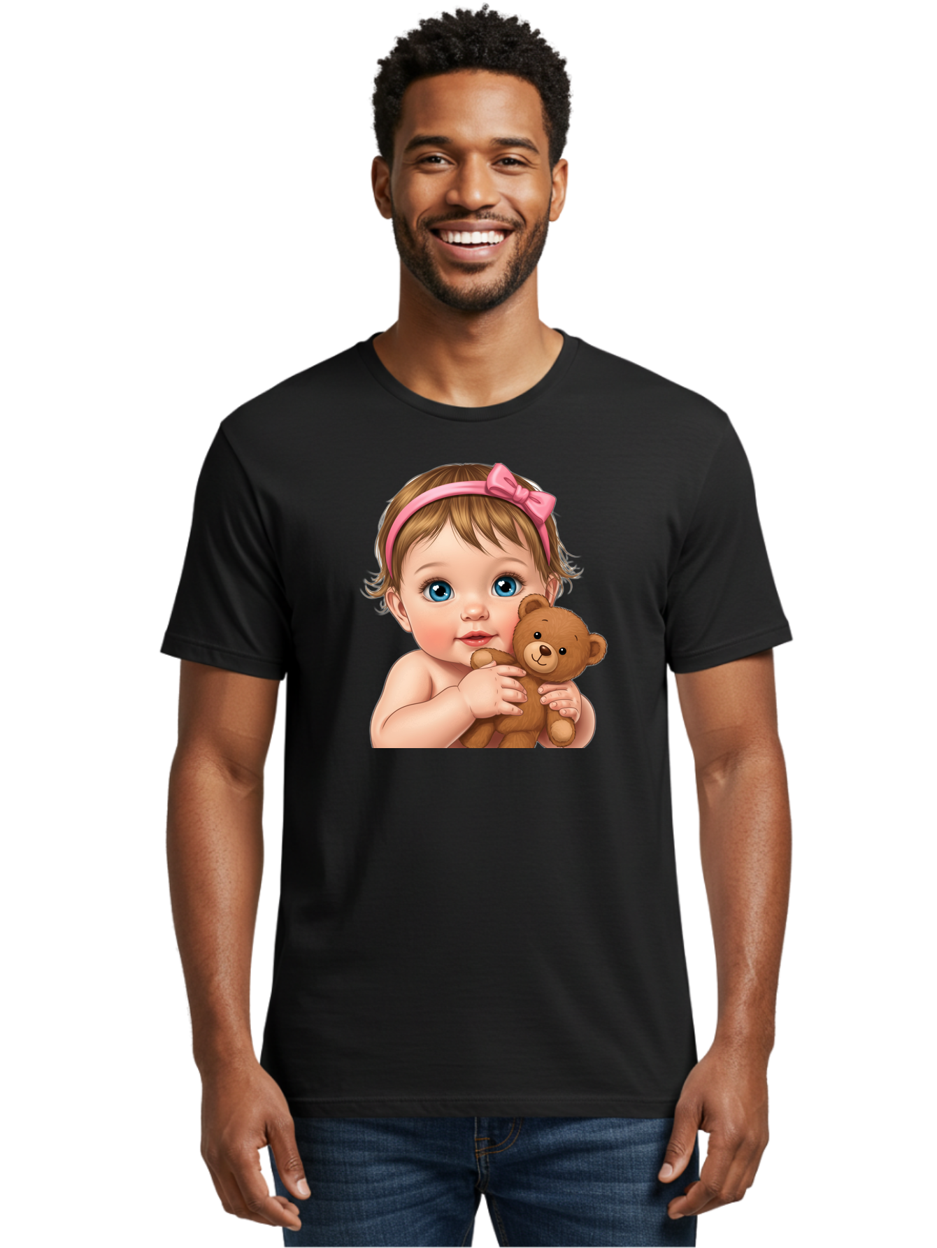 Baby-Girl-With-Teddy-1 Men'S Graphic Tee, 100% Cotton, Comfortable Casual Summer Wear, Machine Washable, Vintage Camera, Old Camera, Antique Camera, Black Camera, Classic Photography, Photography Equipment, Nostalgic Device, Film Camera, Bak008