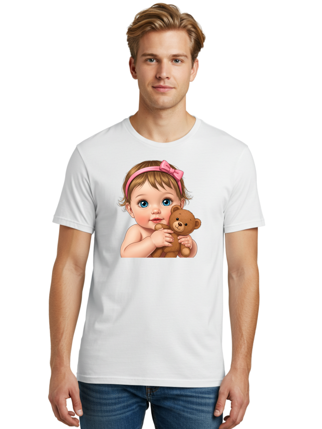 Baby-Girl-With-Teddy-1 Men'S Graphic Tee, 100% Cotton, Comfortable Casual Summer Wear, Machine Washable, Vintage Camera, Old Camera, Antique Camera, Black Camera, Classic Photography, Photography Equipment, Nostalgic Device, Film Camera, Bak008