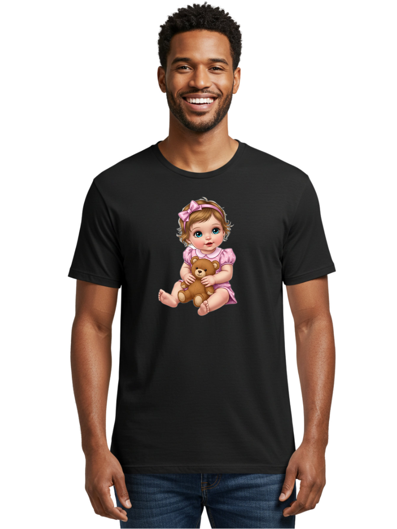 Baby-Girl-With-Teddy-Bear-1 Men'S Graphic Tee, 100% Cotton, Comfortable Casual Summer Wear, Machine Washable, Vintage Camera, Old Camera, Antique Camera, Black Camera, Classic Photography, Photography Equipment, Nostalgic Device, Film Camera, Bak011