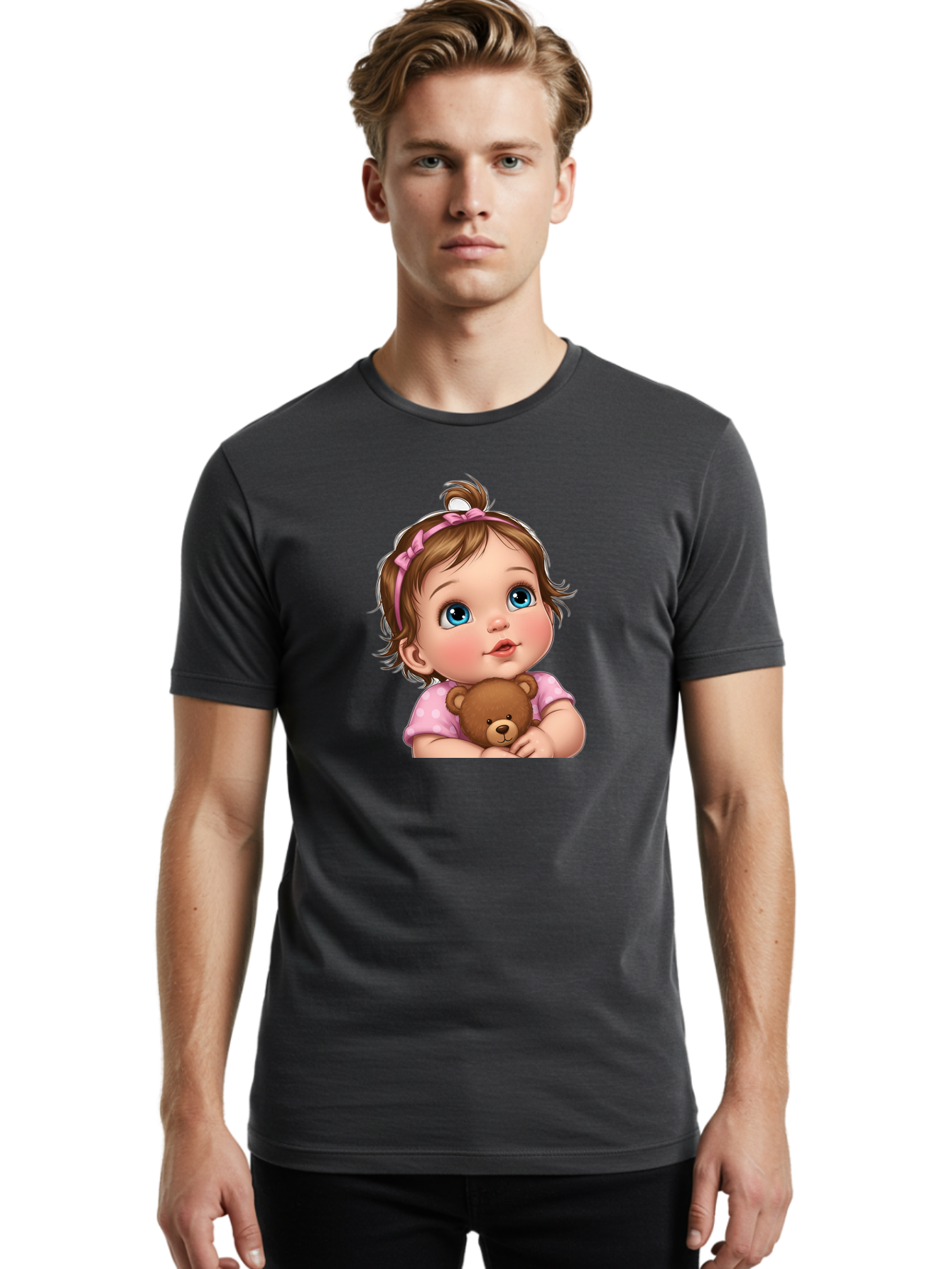 Baby-Girl-With-Teddy-Bear-2 Men'S Graphic Tee, 100% Cotton, Comfortable Casual Summer Wear, Machine Washable, Vintage Camera, Old Camera, Antique Camera, Black Camera, Classic Photography, Photography Equipment, Nostalgic Device, Film Camera, Bak012