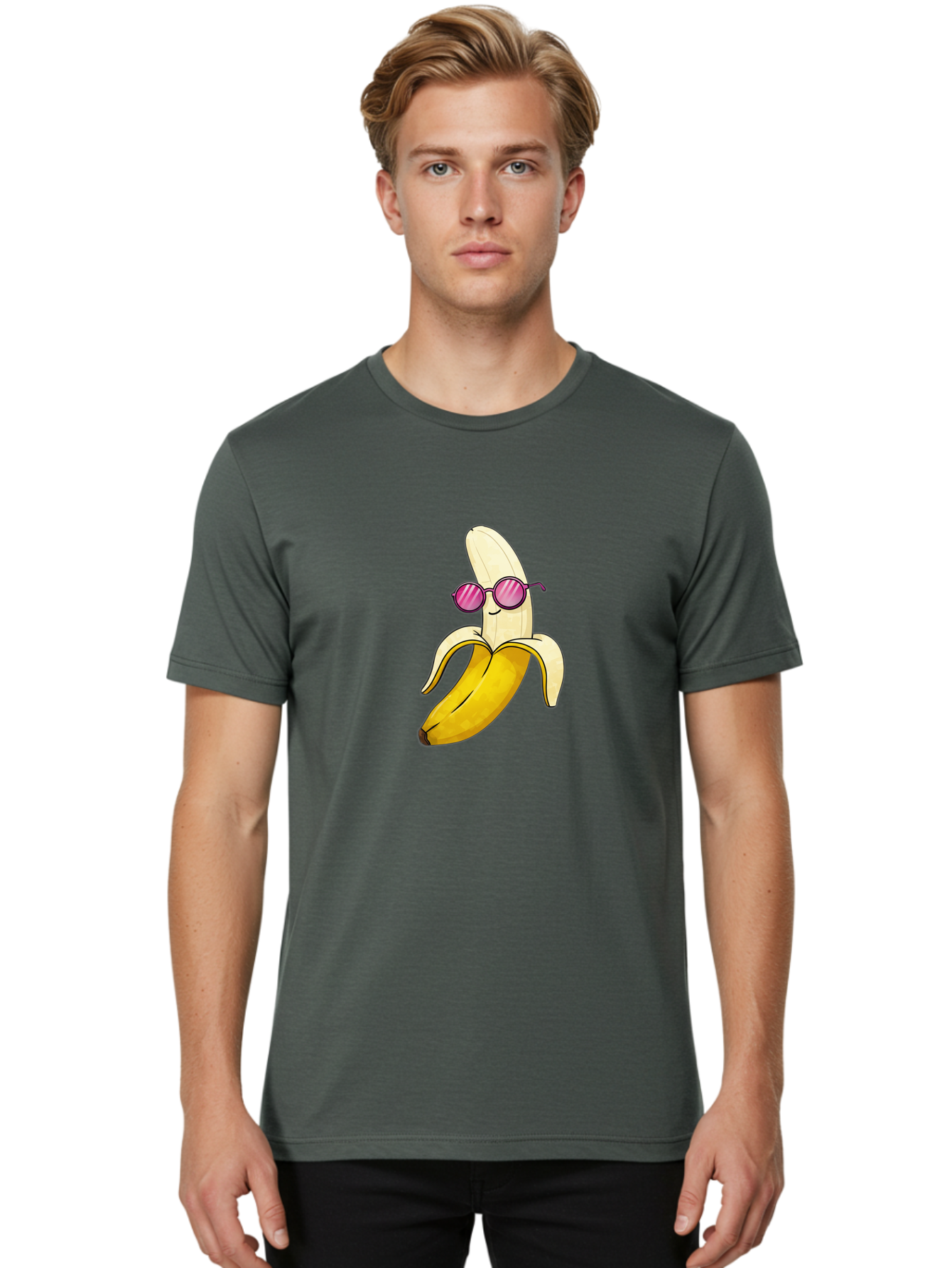 Banana-With-Sunglasses-2 Men'S Graphic Tee, 100% Cotton, Comfortable Casual Summer Wear, Machine Washable, Vintage Camera, Old Camera, Antique Camera, Black Camera, Classic Photography, Photography Equipment, Nostalgic Device, Film Camera, Bak032
