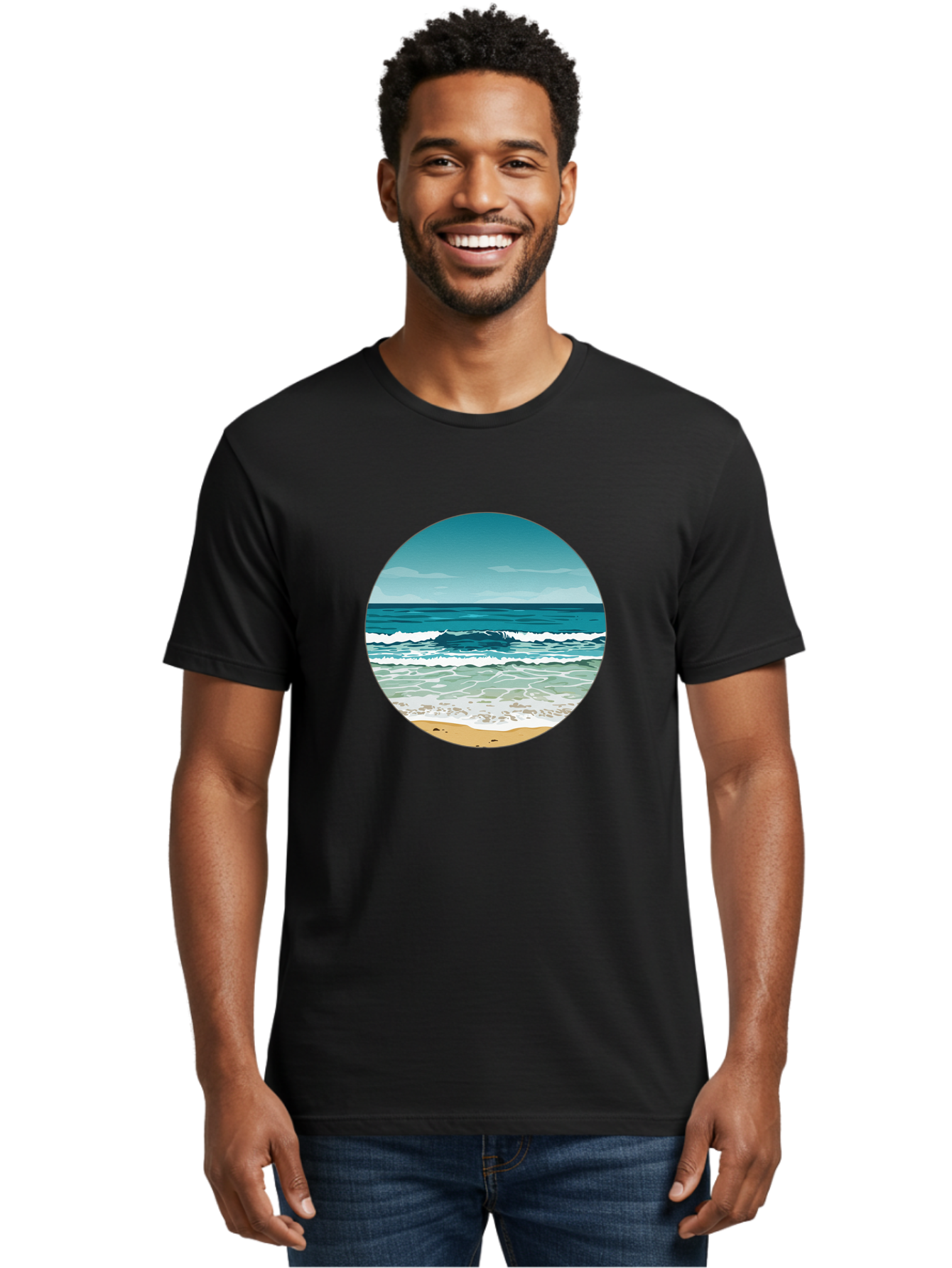 Beach-Scene-1 Men'S Graphic Tee, 100% Cotton, Comfortable Casual Summer Wear, Machine Washable, Vintage Camera, Old Camera, Antique Camera, Black Camera, Classic Photography, Photography Equipment, Nostalgic Device, Film Camera, Camera Art Bak036