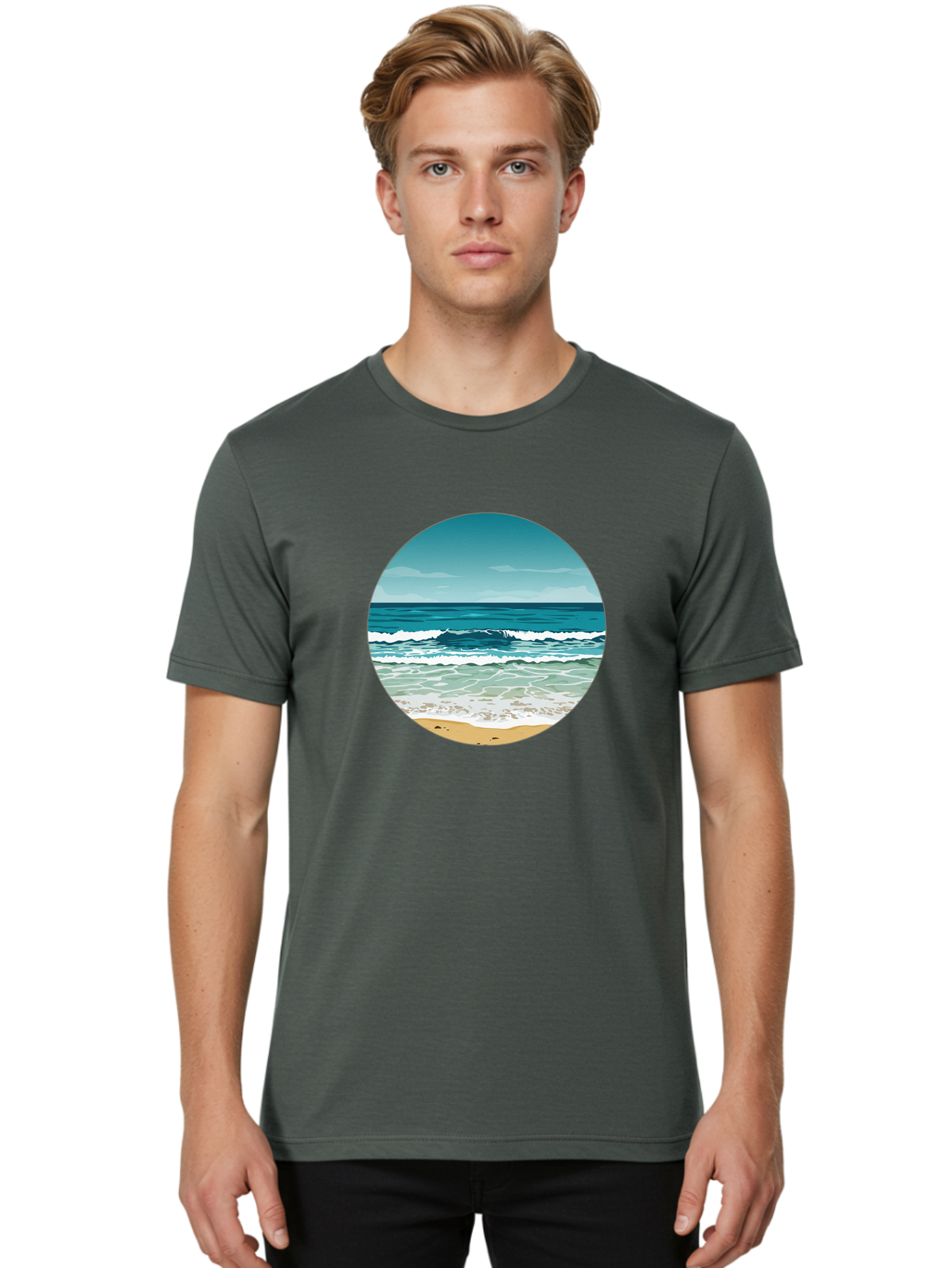 Beach-Scene-1 Men'S Graphic Tee, 100% Cotton, Comfortable Casual Summer Wear, Machine Washable, Vintage Camera, Old Camera, Antique Camera, Black Camera, Classic Photography, Photography Equipment, Nostalgic Device, Film Camera, Camera Art Bak036