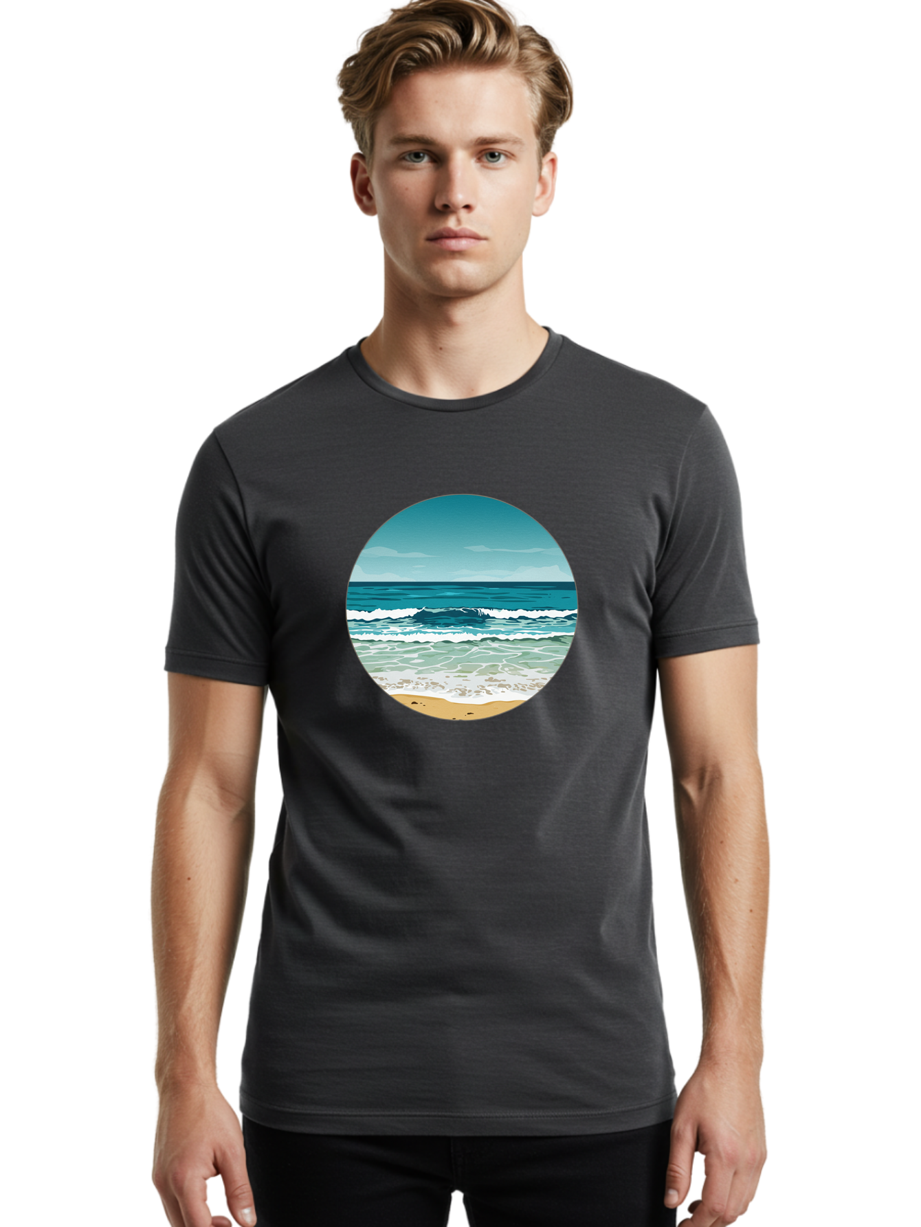 Beach-Scene-1 Men'S Graphic Tee, 100% Cotton, Comfortable Casual Summer Wear, Machine Washable, Vintage Camera, Old Camera, Antique Camera, Black Camera, Classic Photography, Photography Equipment, Nostalgic Device, Film Camera, Camera Art Bak036