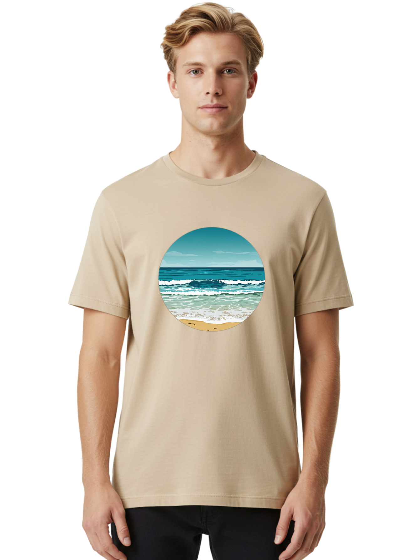 Beach-Scene-1 Men'S Graphic Tee, 100% Cotton, Comfortable Casual Summer Wear, Machine Washable, Vintage Camera, Old Camera, Antique Camera, Black Camera, Classic Photography, Photography Equipment, Nostalgic Device, Film Camera, Camera Art Bak036
