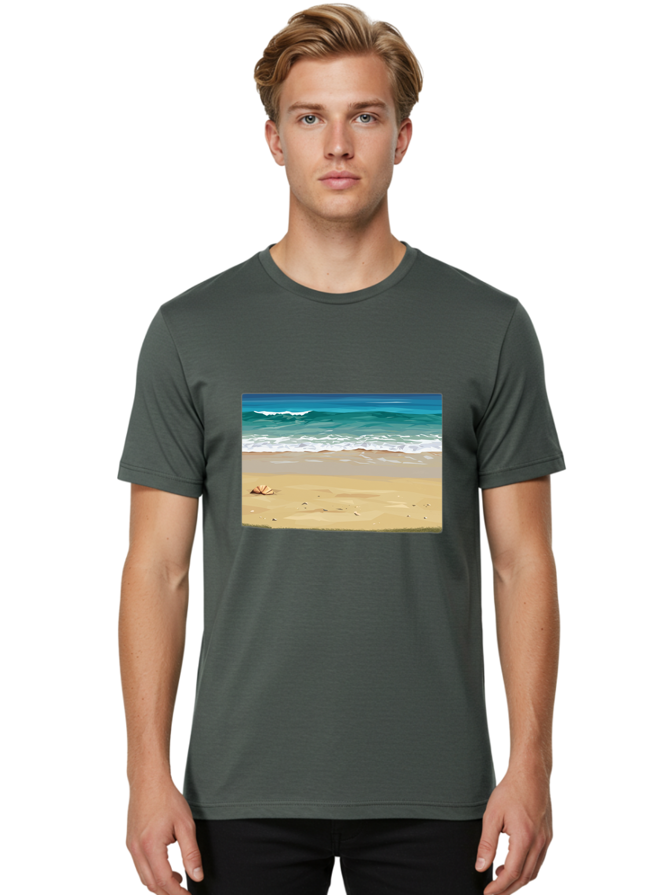 Beach-Scene-2 Men'S Graphic Tee, 100% Cotton, Comfortable Casual Summer Wear, Machine Washable, Vintage Camera, Old Camera, Antique Camera, Black Camera, Classic Photography, Photography Equipment, Nostalgic Device, Film Camera, Camera Art Bak037