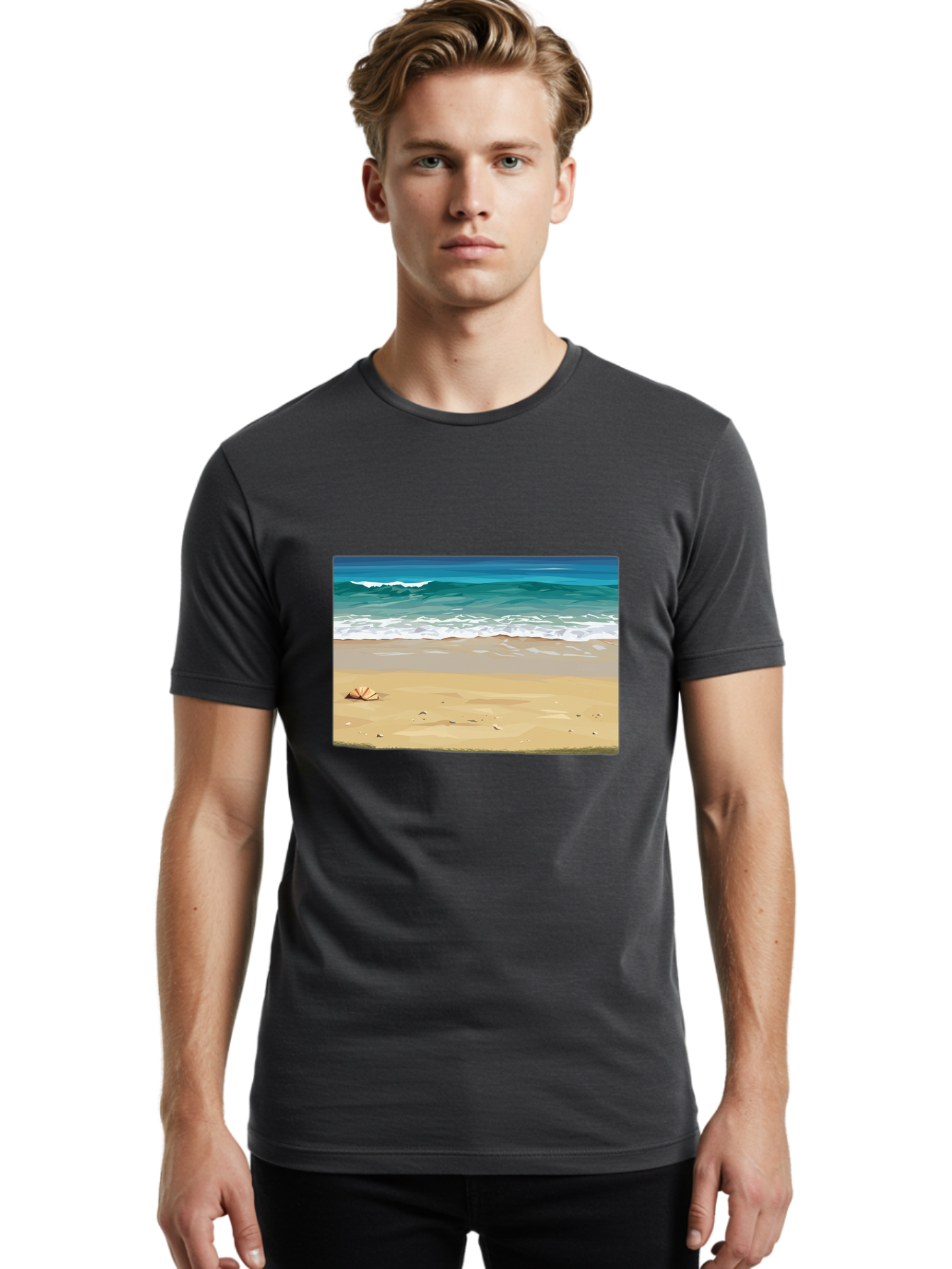Beach-Scene-2 Men'S Graphic Tee, 100% Cotton, Comfortable Casual Summer Wear, Machine Washable, Vintage Camera, Old Camera, Antique Camera, Black Camera, Classic Photography, Photography Equipment, Nostalgic Device, Film Camera, Camera Art Bak037