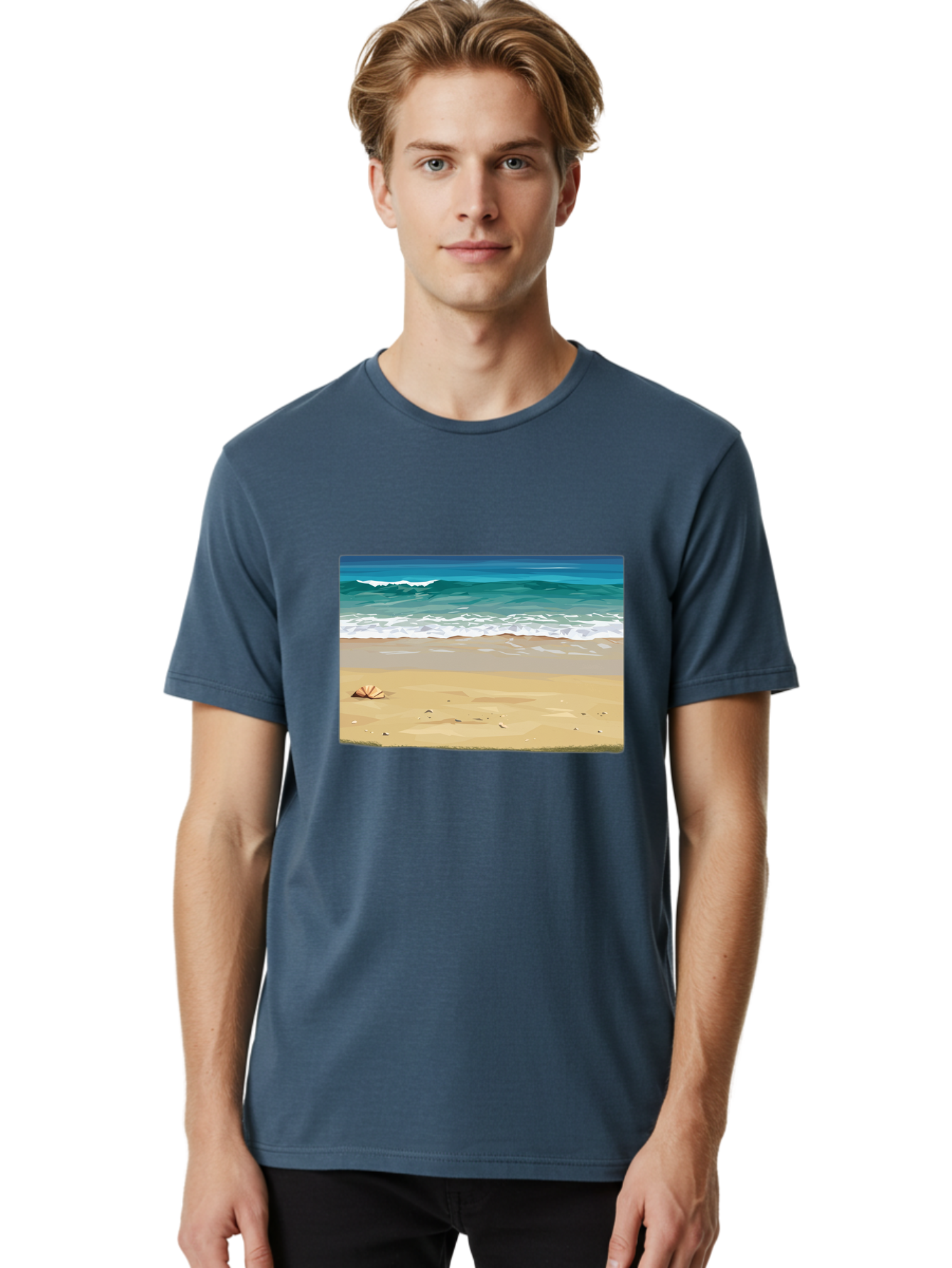 Beach-Scene-2 Men'S Graphic Tee, 100% Cotton, Comfortable Casual Summer Wear, Machine Washable, Vintage Camera, Old Camera, Antique Camera, Black Camera, Classic Photography, Photography Equipment, Nostalgic Device, Film Camera, Camera Art Bak037