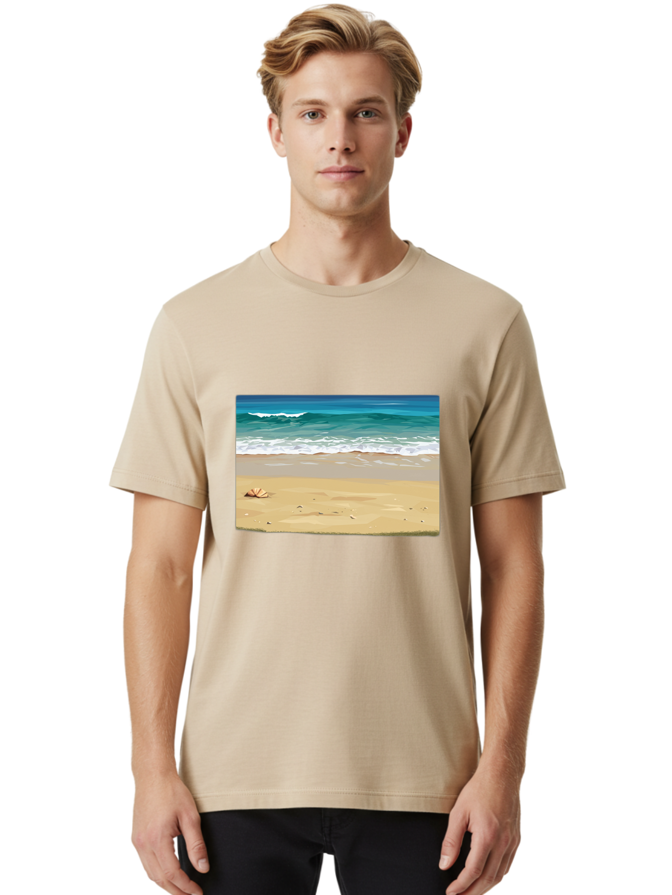 Beach-Scene-2 Men'S Graphic Tee, 100% Cotton, Comfortable Casual Summer Wear, Machine Washable, Vintage Camera, Old Camera, Antique Camera, Black Camera, Classic Photography, Photography Equipment, Nostalgic Device, Film Camera, Camera Art Bak037
