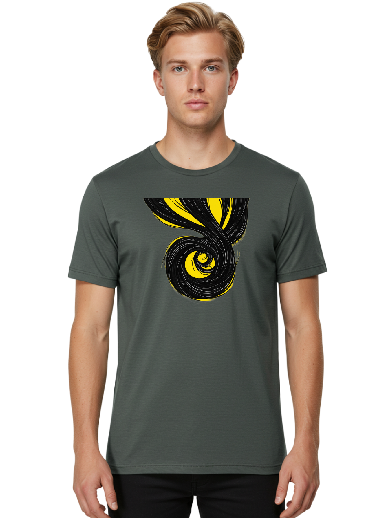 Black-And-Yellow-Swirl Men'S Graphic Tee, 100% Cotton, Comfortable Casual Summer Wear, Machine Washable, Vintage Camera, Old Camera, Antique Camera, Black Camera, Classic Photography, Photography Equipment, Nostalgic Device, Film Camera, Bak056