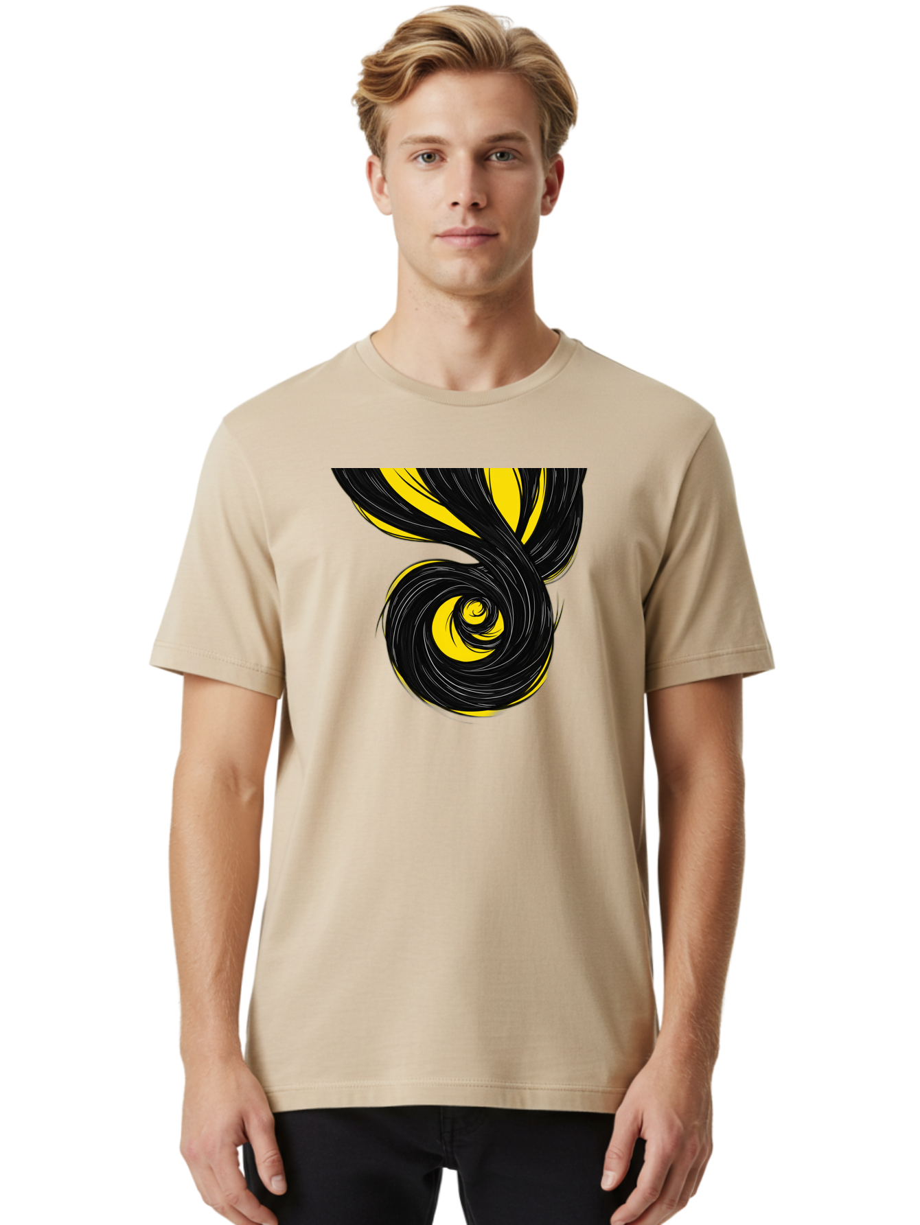 Black-And-Yellow-Swirl Men'S Graphic Tee, 100% Cotton, Comfortable Casual Summer Wear, Machine Washable, Vintage Camera, Old Camera, Antique Camera, Black Camera, Classic Photography, Photography Equipment, Nostalgic Device, Film Camera, Bak056