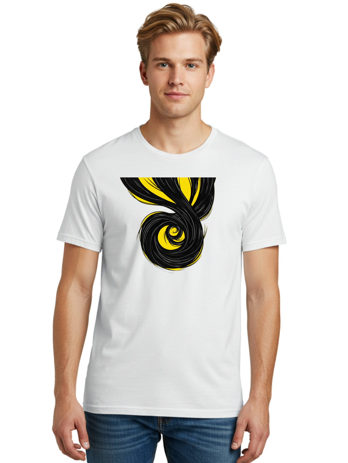Black-And-Yellow-Swirl Men'S Graphic Tee, 100% Cotton, Comfortable Casual Summer Wear, Machine Washable, Vintage Camera, Old Camera, Antique Camera, Black Camera, Classic Photography, Photography Equipment, Nostalgic Device, Film Camera, Bak056