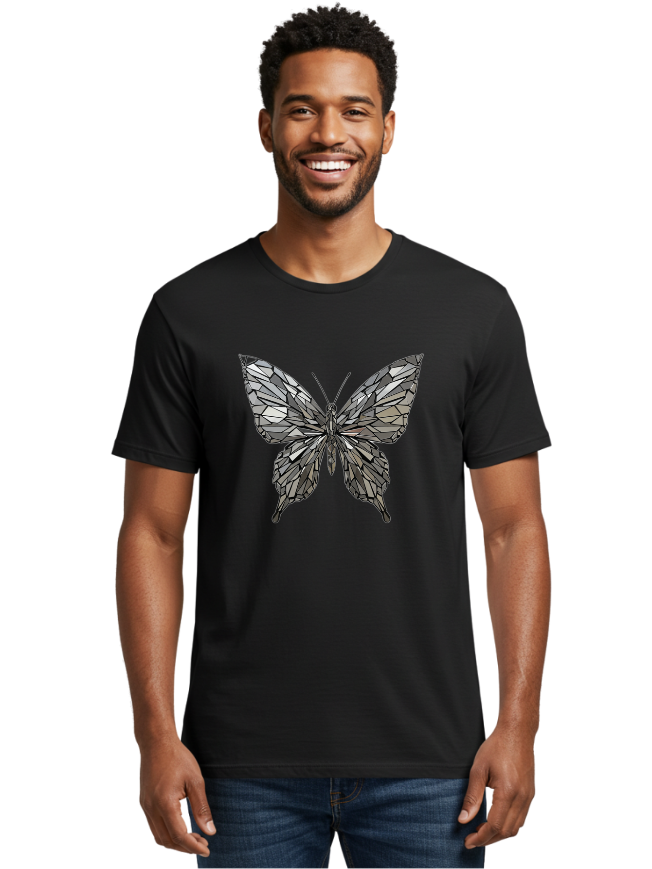 Black-Butterfly-Mosaic Men'S Graphic Tee, 100% Cotton, Comfortable Casual Summer Wear, Machine Washable, Vintage Camera, Old Camera, Antique Camera, Black Camera, Classic Photography, Photography Equipment, Nostalgic Device, Film Camera, Bak059
