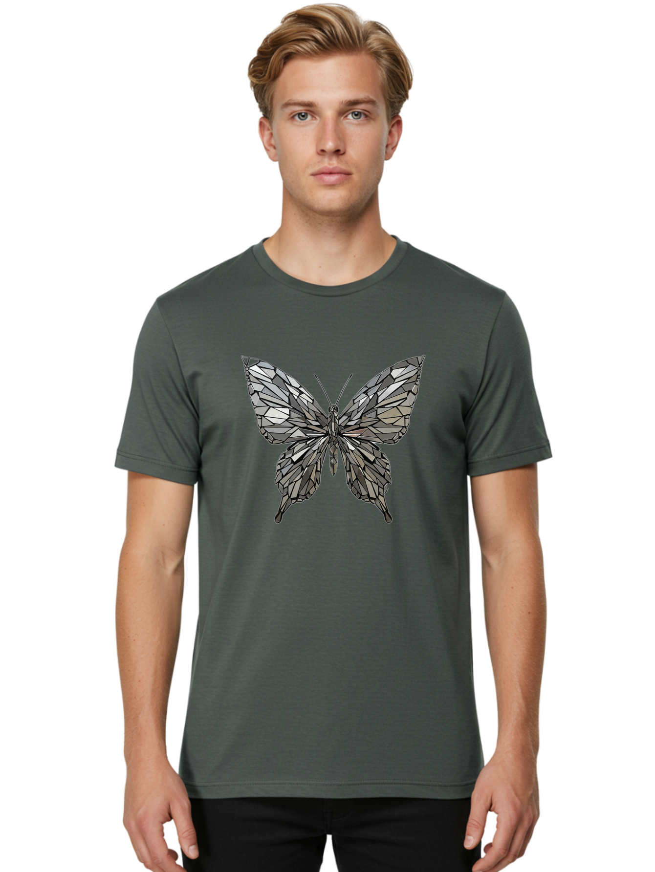 Black-Butterfly-Mosaic Men'S Graphic Tee, 100% Cotton, Comfortable Casual Summer Wear, Machine Washable, Vintage Camera, Old Camera, Antique Camera, Black Camera, Classic Photography, Photography Equipment, Nostalgic Device, Film Camera, Bak059