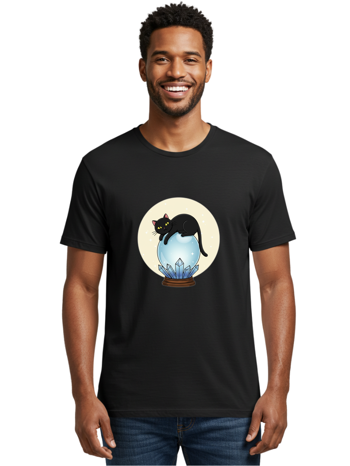 Black-Cat-Crystal-Ball Men'S Graphic Tee, 100% Cotton, Comfortable Casual Summer Wear, Machine Washable, Vintage Camera, Old Camera, Antique Camera, Black Camera, Classic Photography, Photography Equipment, Nostalgic Device, Film Camera, Bak062