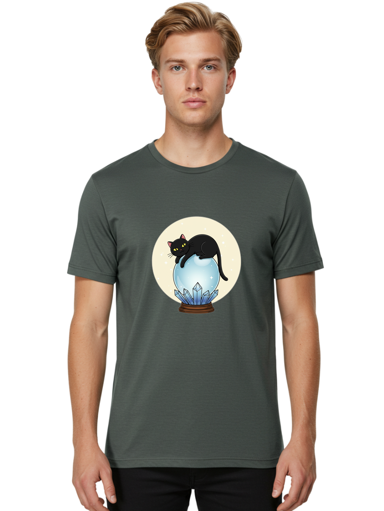 Black-Cat-Crystal-Ball Men'S Graphic Tee, 100% Cotton, Comfortable Casual Summer Wear, Machine Washable, Vintage Camera, Old Camera, Antique Camera, Black Camera, Classic Photography, Photography Equipment, Nostalgic Device, Film Camera, Bak062