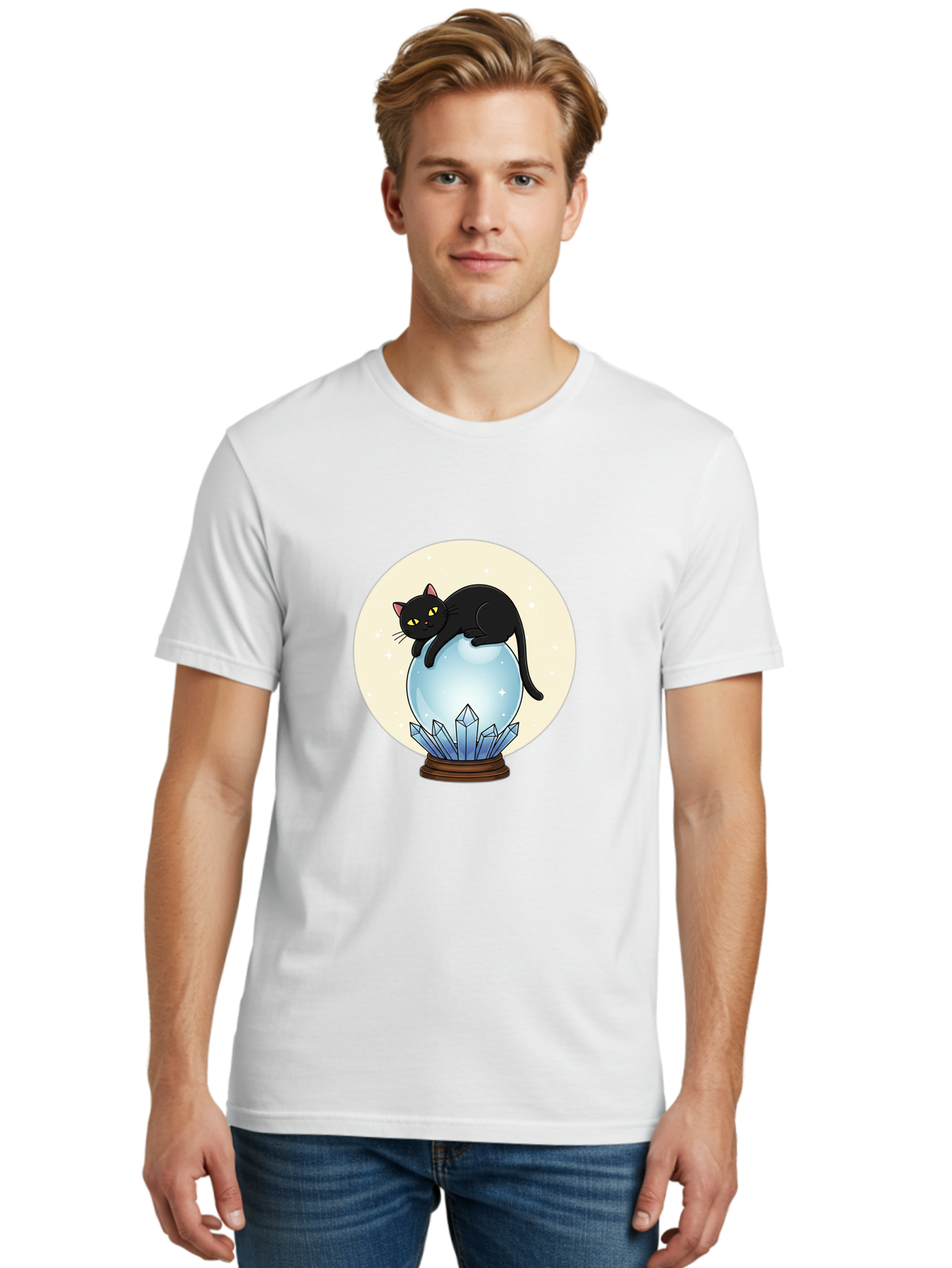 Black-Cat-Crystal-Ball Men'S Graphic Tee, 100% Cotton, Comfortable Casual Summer Wear, Machine Washable, Vintage Camera, Old Camera, Antique Camera, Black Camera, Classic Photography, Photography Equipment, Nostalgic Device, Film Camera, Bak062