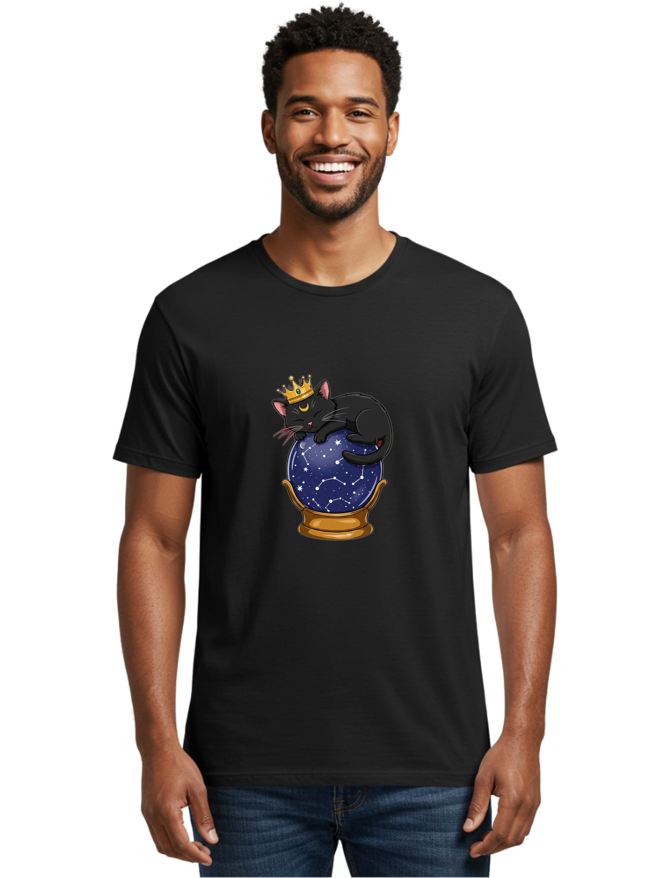 Black-Cat-On-Crystal-Ball-1 Men'S Graphic Tee, 100% Cotton, Comfortable Casual Summer Wear, Machine Washable, Vintage Camera, Old Camera, Antique Camera, Black Camera, Classic Photography, Photography Equipment, Nostalgic Device, Film Camera, Bak063