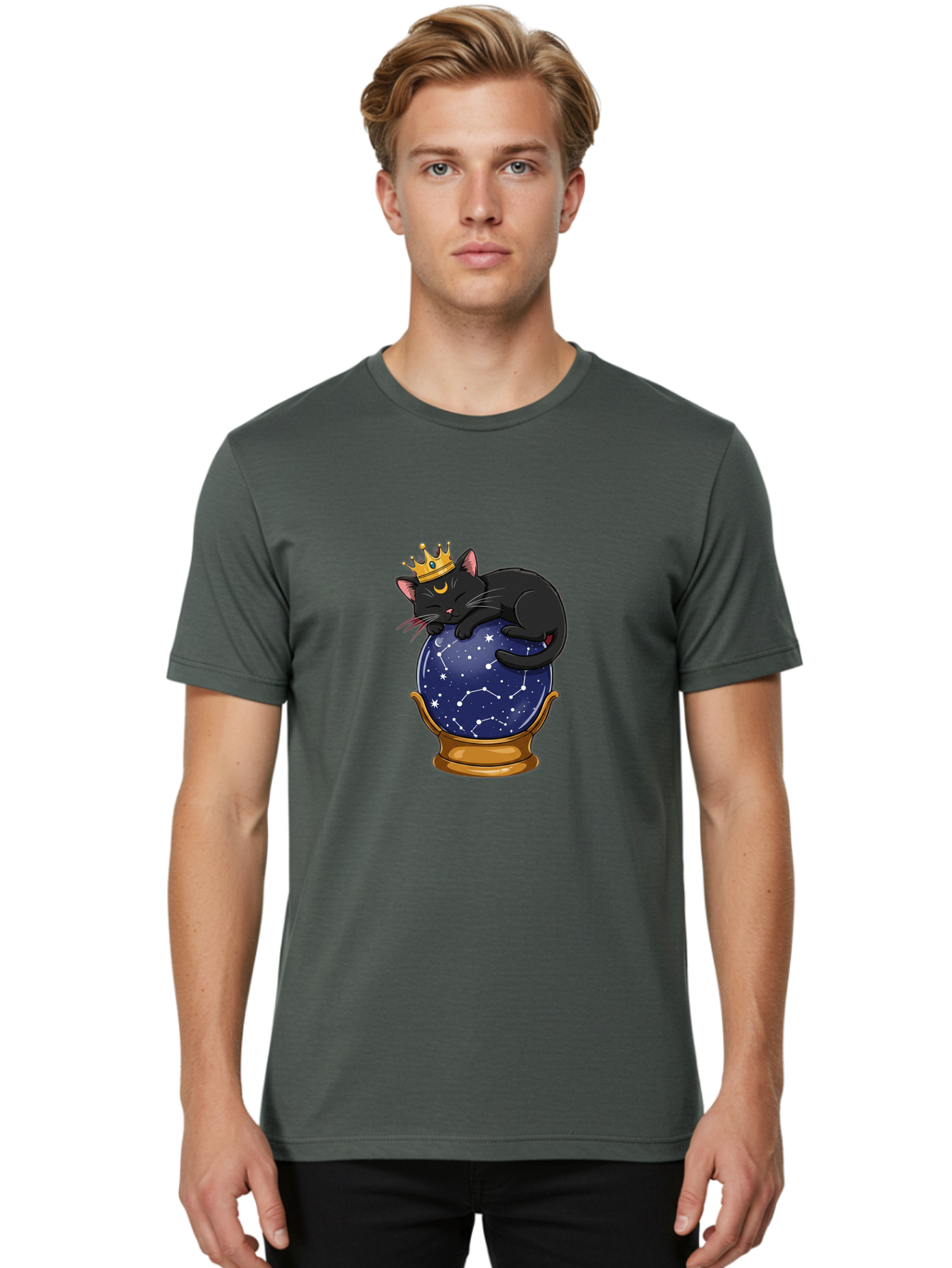 Black-Cat-On-Crystal-Ball-1 Men'S Graphic Tee, 100% Cotton, Comfortable Casual Summer Wear, Machine Washable, Vintage Camera, Old Camera, Antique Camera, Black Camera, Classic Photography, Photography Equipment, Nostalgic Device, Film Camera, Bak063