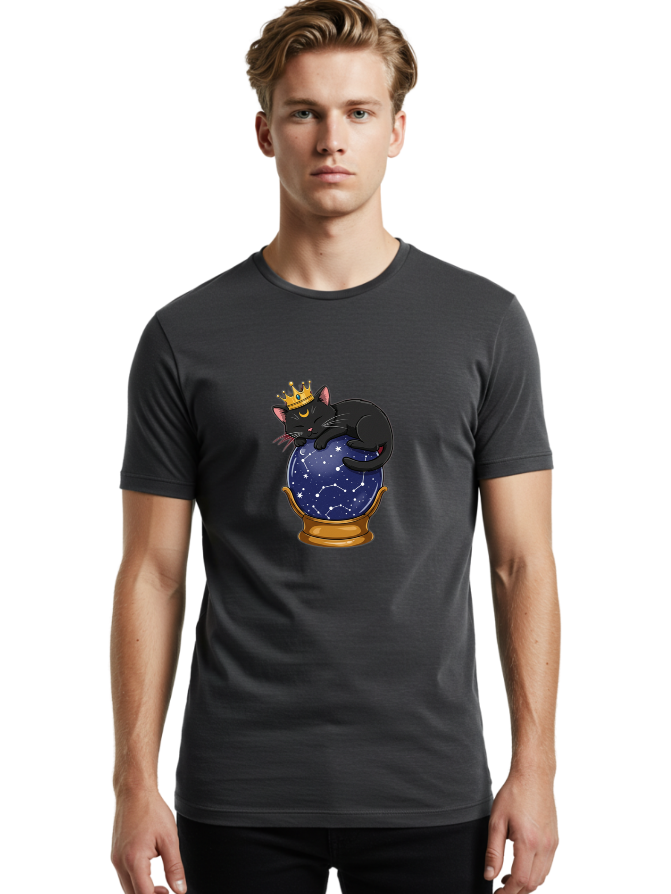 Black-Cat-On-Crystal-Ball-1 Men'S Graphic Tee, 100% Cotton, Comfortable Casual Summer Wear, Machine Washable, Vintage Camera, Old Camera, Antique Camera, Black Camera, Classic Photography, Photography Equipment, Nostalgic Device, Film Camera, Bak063