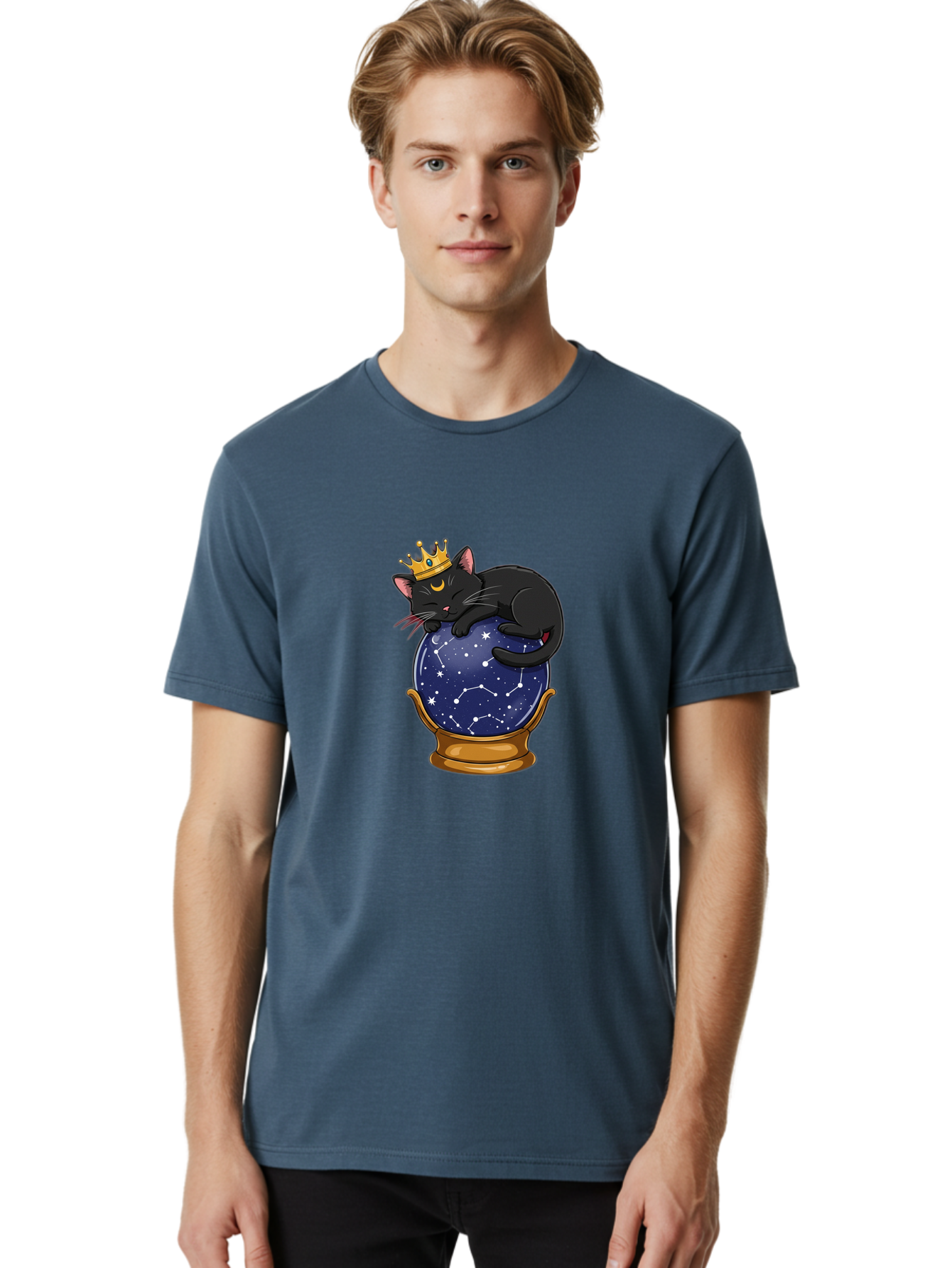 Black-Cat-On-Crystal-Ball-1 Men'S Graphic Tee, 100% Cotton, Comfortable Casual Summer Wear, Machine Washable, Vintage Camera, Old Camera, Antique Camera, Black Camera, Classic Photography, Photography Equipment, Nostalgic Device, Film Camera, Bak063