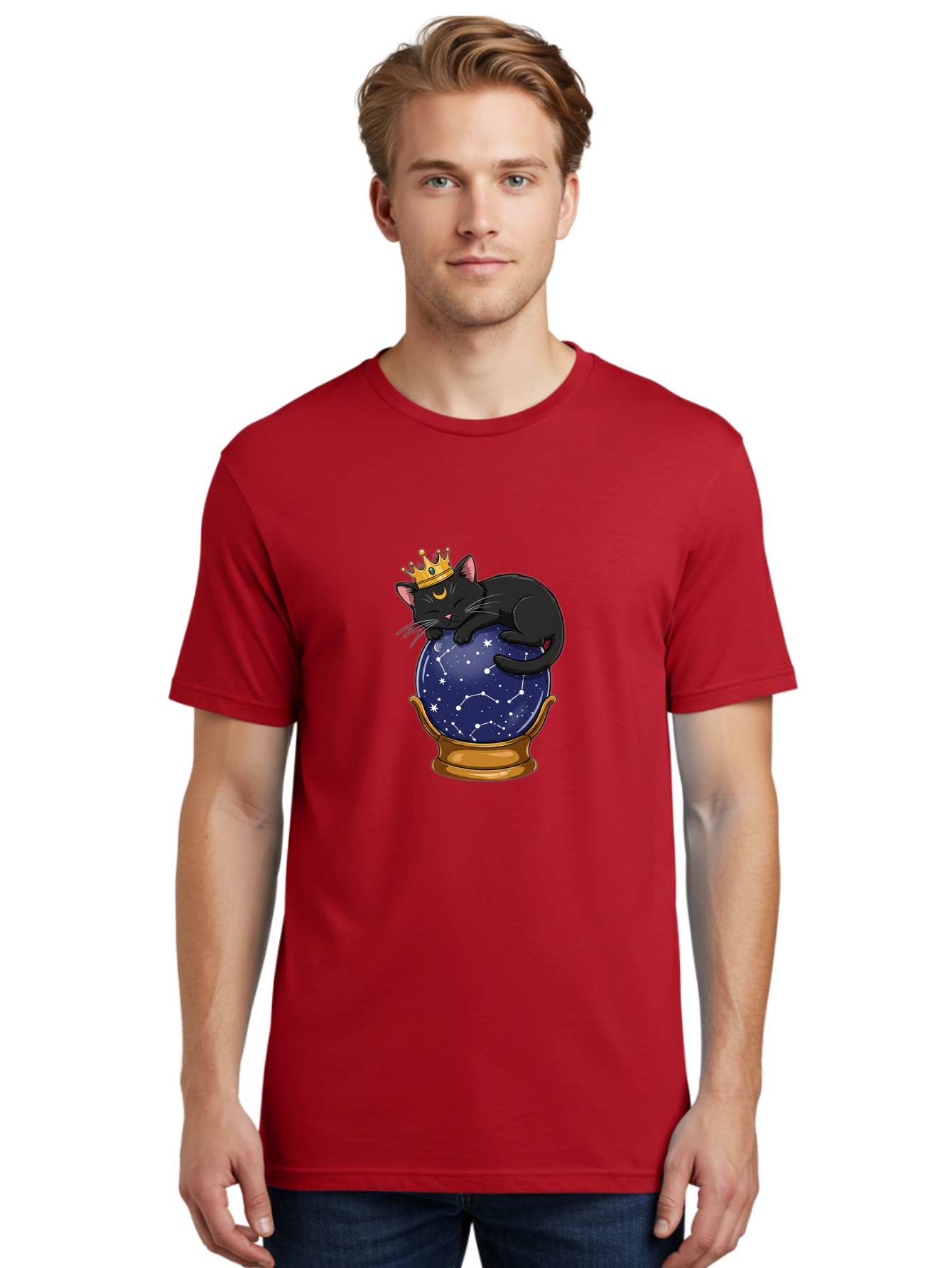 Black-Cat-On-Crystal-Ball-1 Men'S Graphic Tee, 100% Cotton, Comfortable Casual Summer Wear, Machine Washable, Vintage Camera, Old Camera, Antique Camera, Black Camera, Classic Photography, Photography Equipment, Nostalgic Device, Film Camera, Bak063