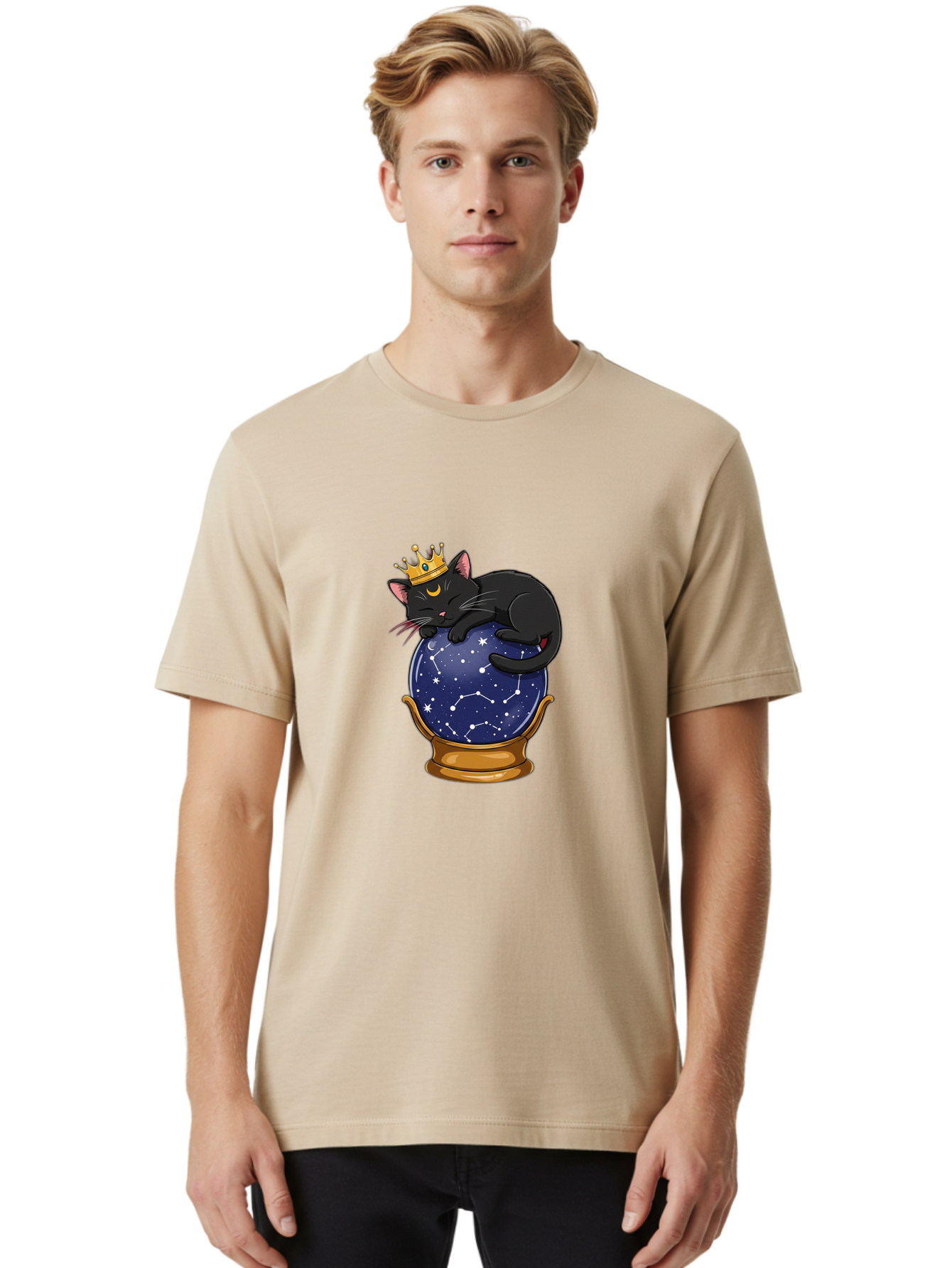 Black-Cat-On-Crystal-Ball-1 Men'S Graphic Tee, 100% Cotton, Comfortable Casual Summer Wear, Machine Washable, Vintage Camera, Old Camera, Antique Camera, Black Camera, Classic Photography, Photography Equipment, Nostalgic Device, Film Camera, Bak063
