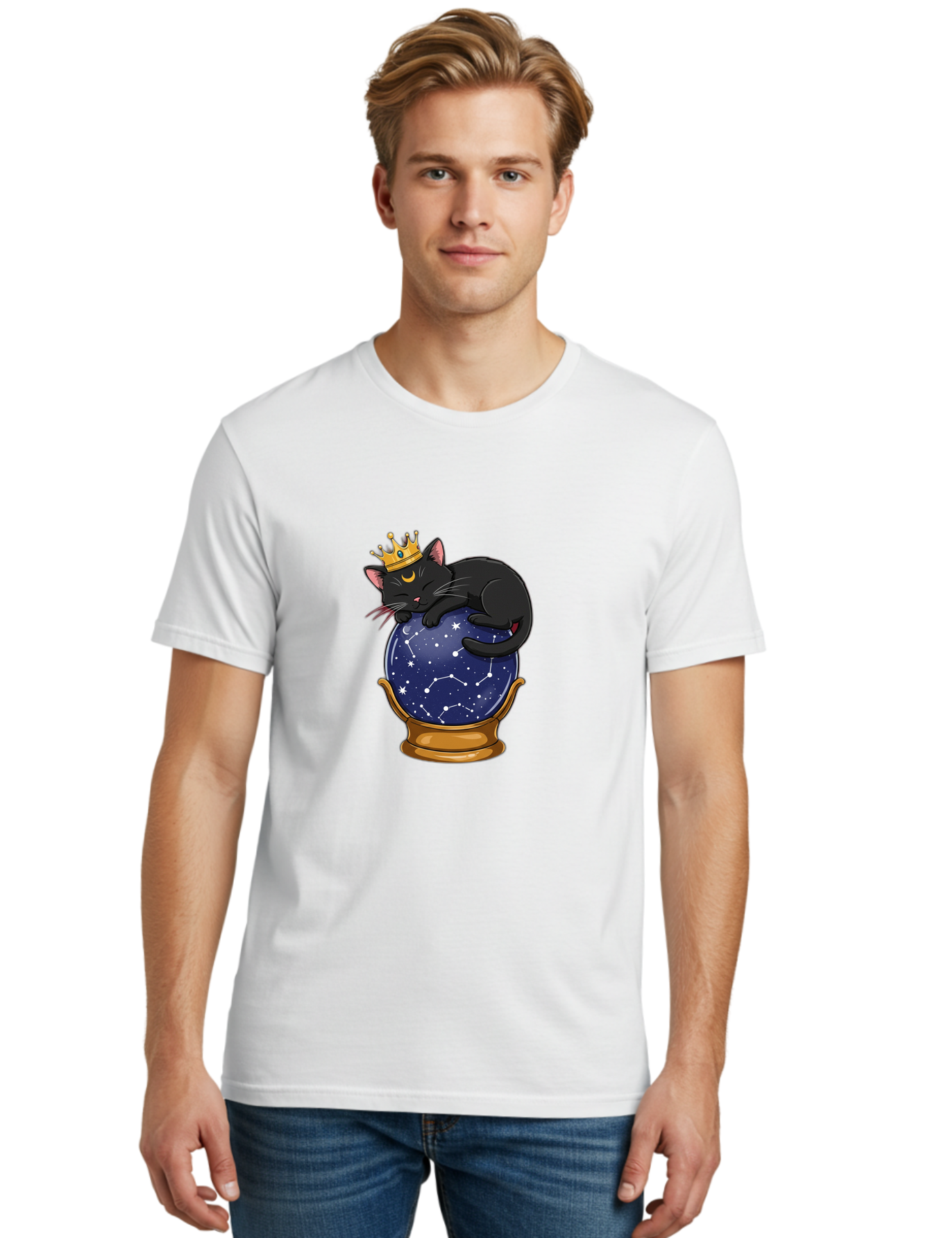 Black-Cat-On-Crystal-Ball-1 Men'S Graphic Tee, 100% Cotton, Comfortable Casual Summer Wear, Machine Washable, Vintage Camera, Old Camera, Antique Camera, Black Camera, Classic Photography, Photography Equipment, Nostalgic Device, Film Camera, Bak063