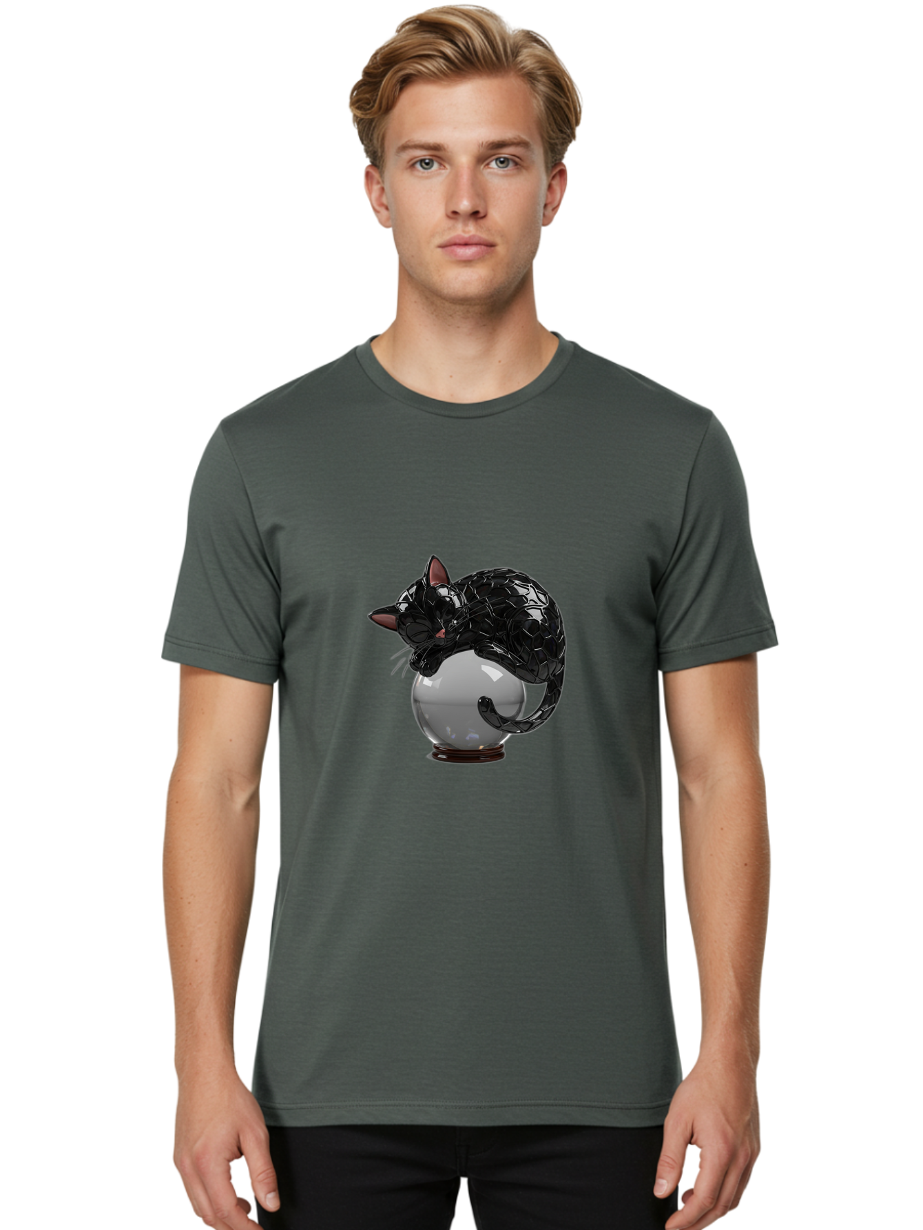Black-Cat-On-Crystal-Ball-2 Men'S Graphic Tee, 100% Cotton, Comfortable Casual Summer Wear, Machine Washable, Vintage Camera, Old Camera, Antique Camera, Black Camera, Classic Photography, Photography Equipment, Nostalgic Device, Film Camera, Bak064