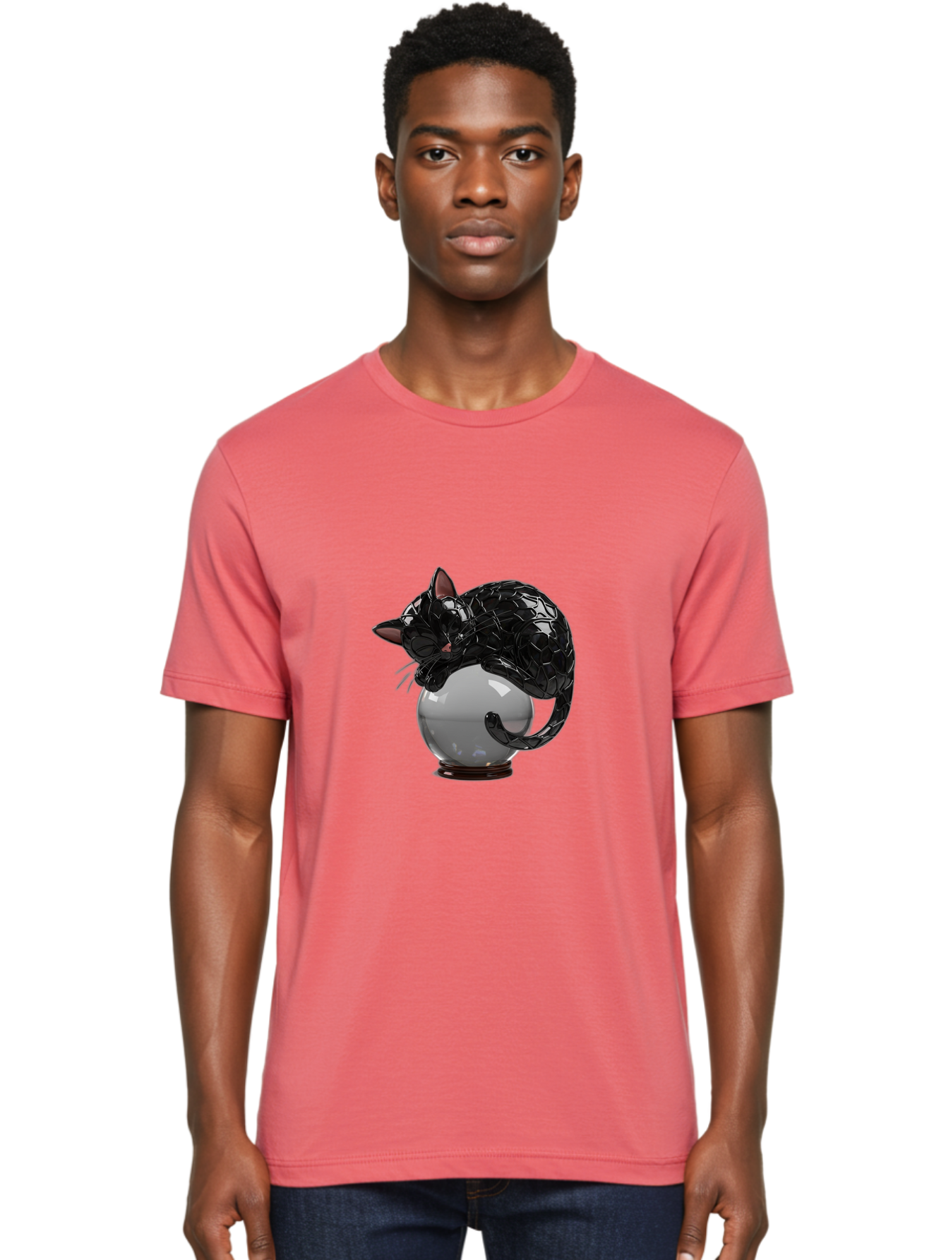 Black-Cat-On-Crystal-Ball-2 Men'S Graphic Tee, 100% Cotton, Comfortable Casual Summer Wear, Machine Washable, Vintage Camera, Old Camera, Antique Camera, Black Camera, Classic Photography, Photography Equipment, Nostalgic Device, Film Camera, Bak064